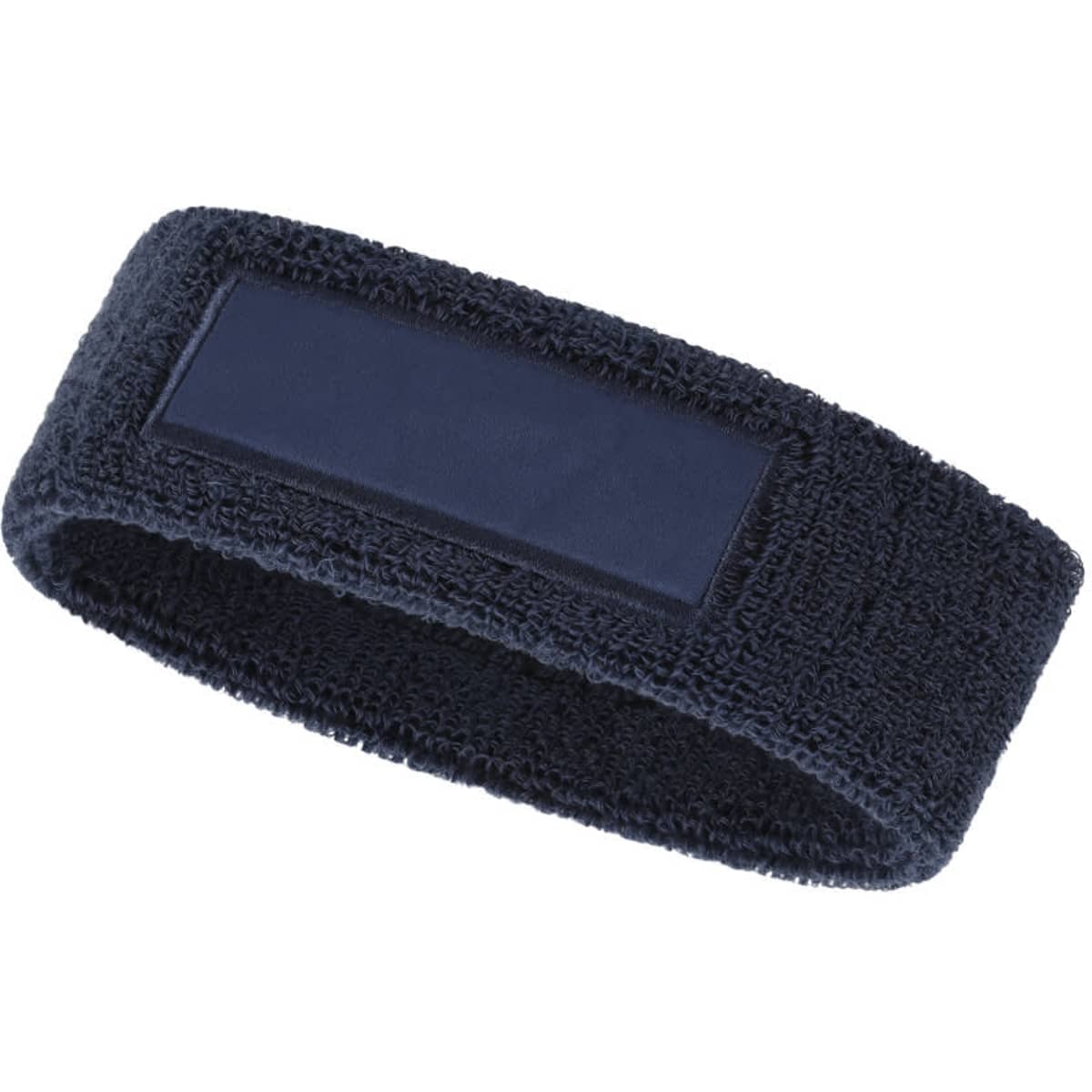 A navy headband made of soft, textured material with an empty rectangular patch for a logo or branding.