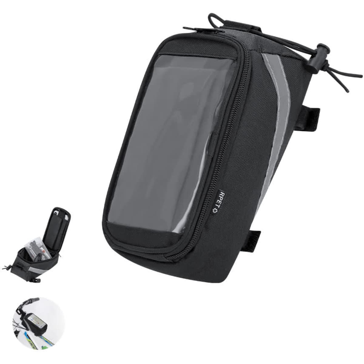 A black Nebrer Bag with a clear front pocket, featuring a zipper and reflective accents. It includes a logo.