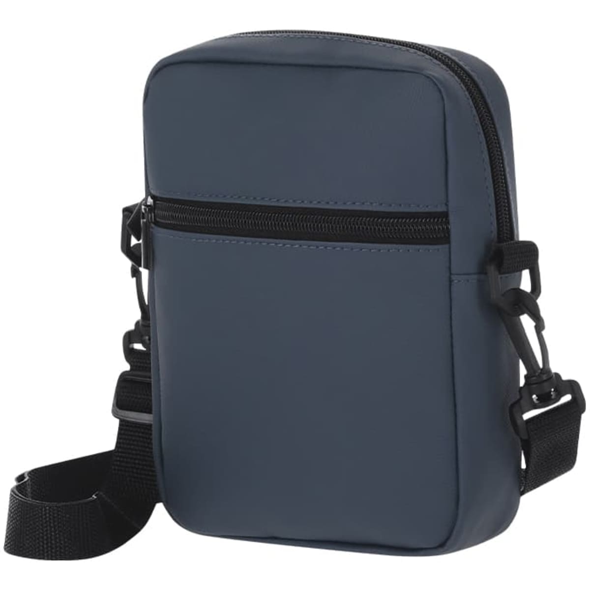 A navy blue crossbody bag with a zippered main compartment and front pocket, featuring an adjustable strap.