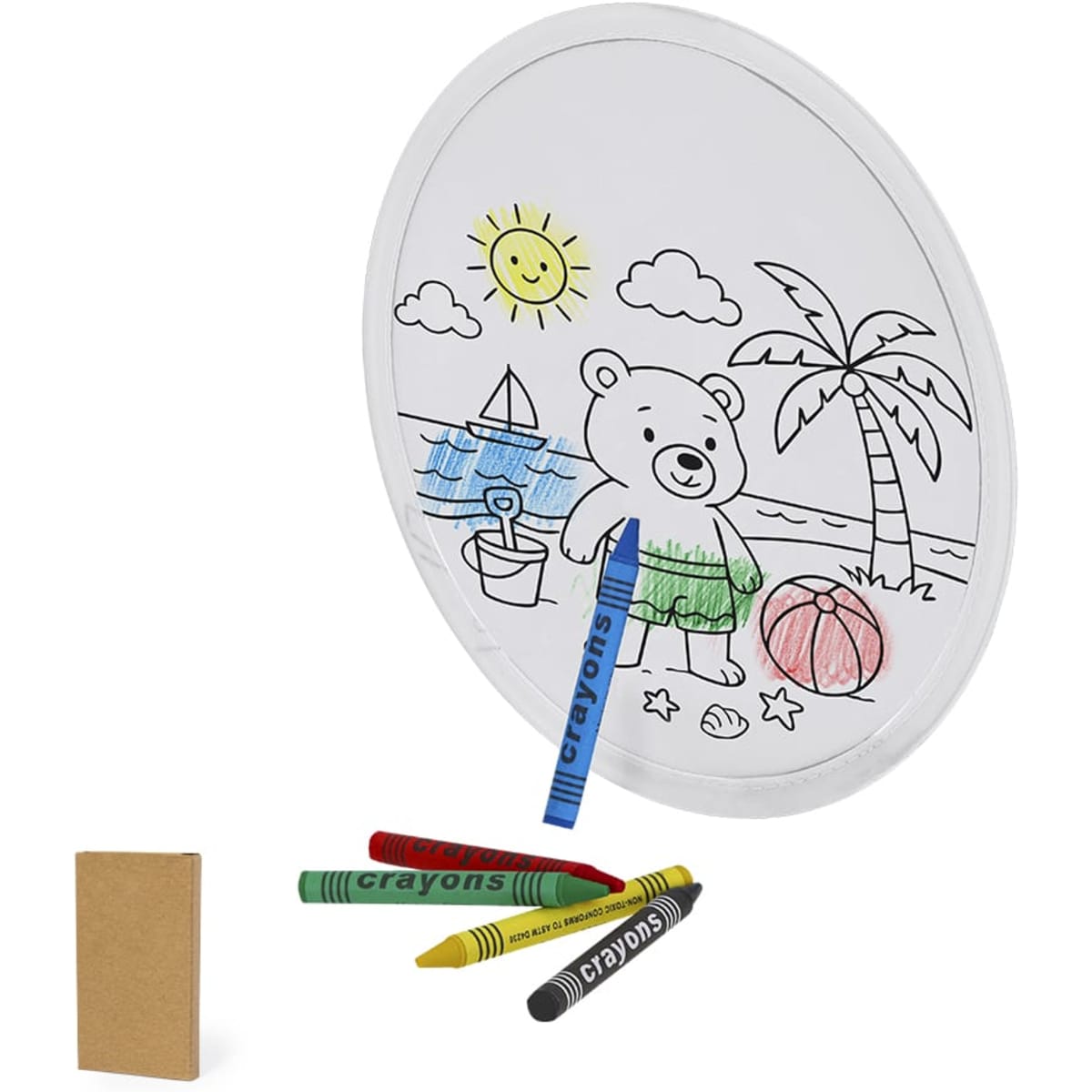 A round colouring disc with a bear design, crayons in various colours, and a small cardboard piece.