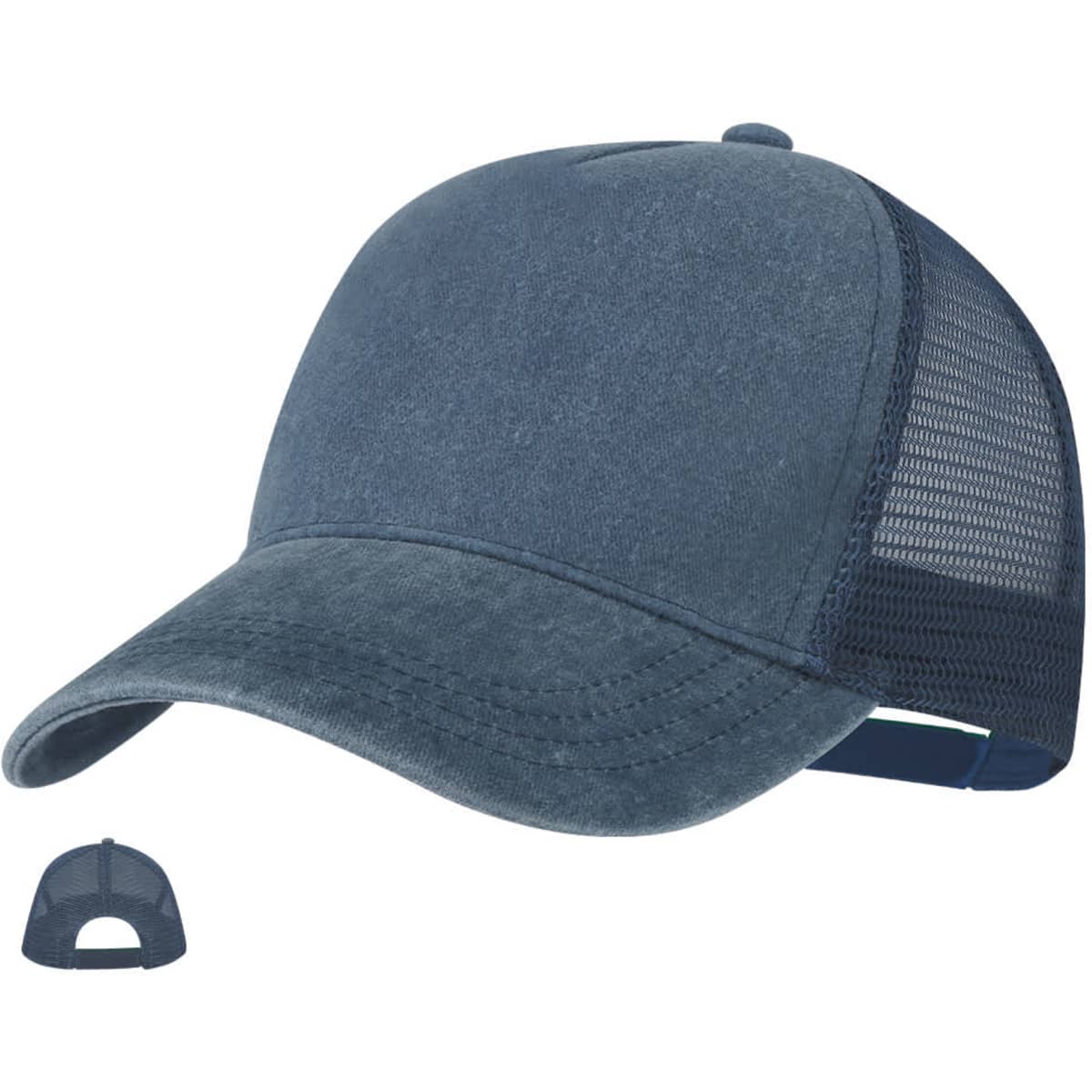 A navy blue cap with a soft fabric front and mesh back, featuring an adjustable strap and a logo.