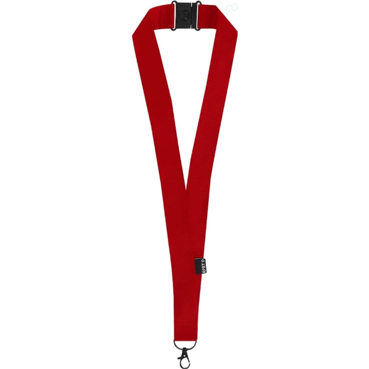 A red lanyard with a clip and a logo, suitable for exhibitions and events.