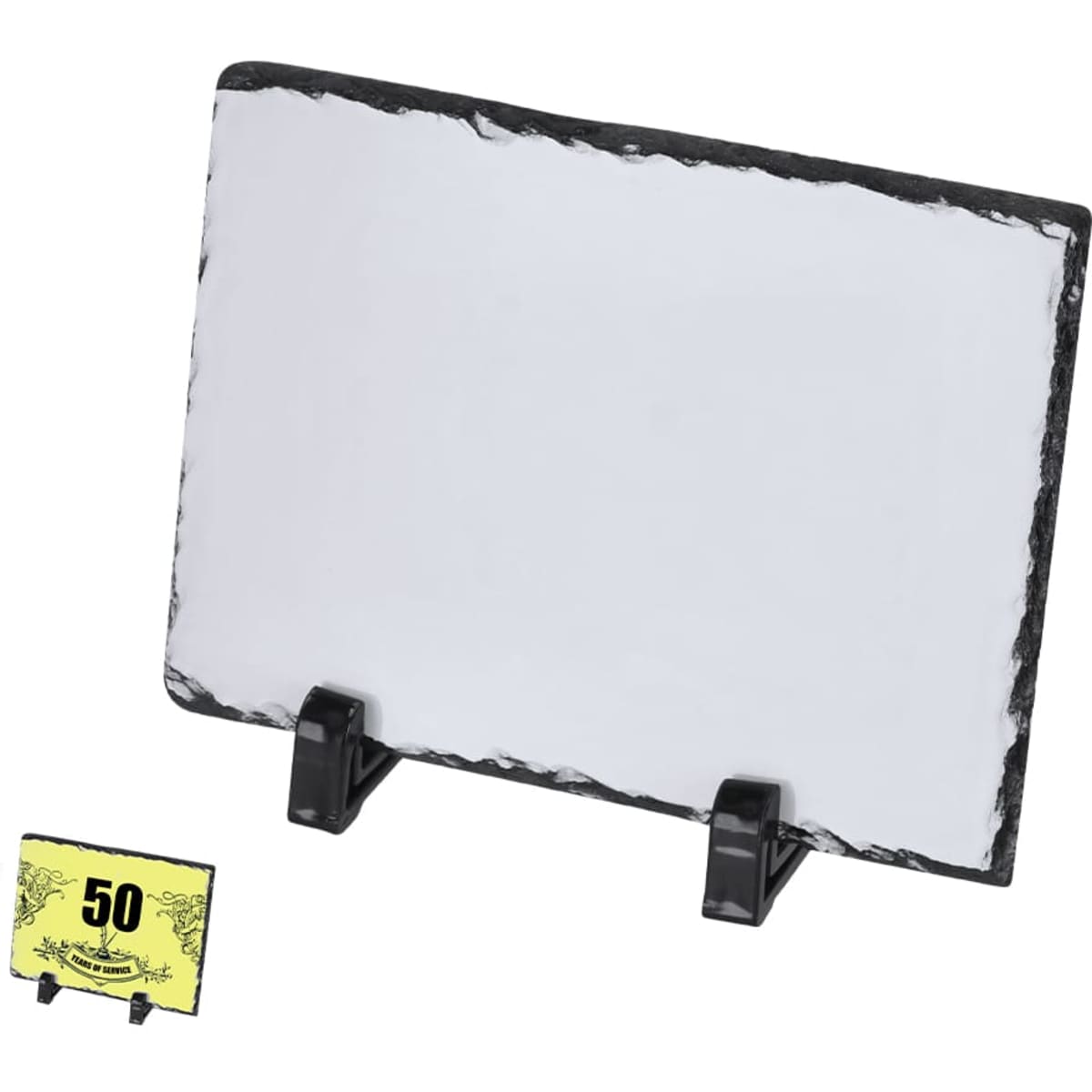 A rectangular slate award with a rough edge, displayed on a black stand. Includes a small yellow sign with a number.