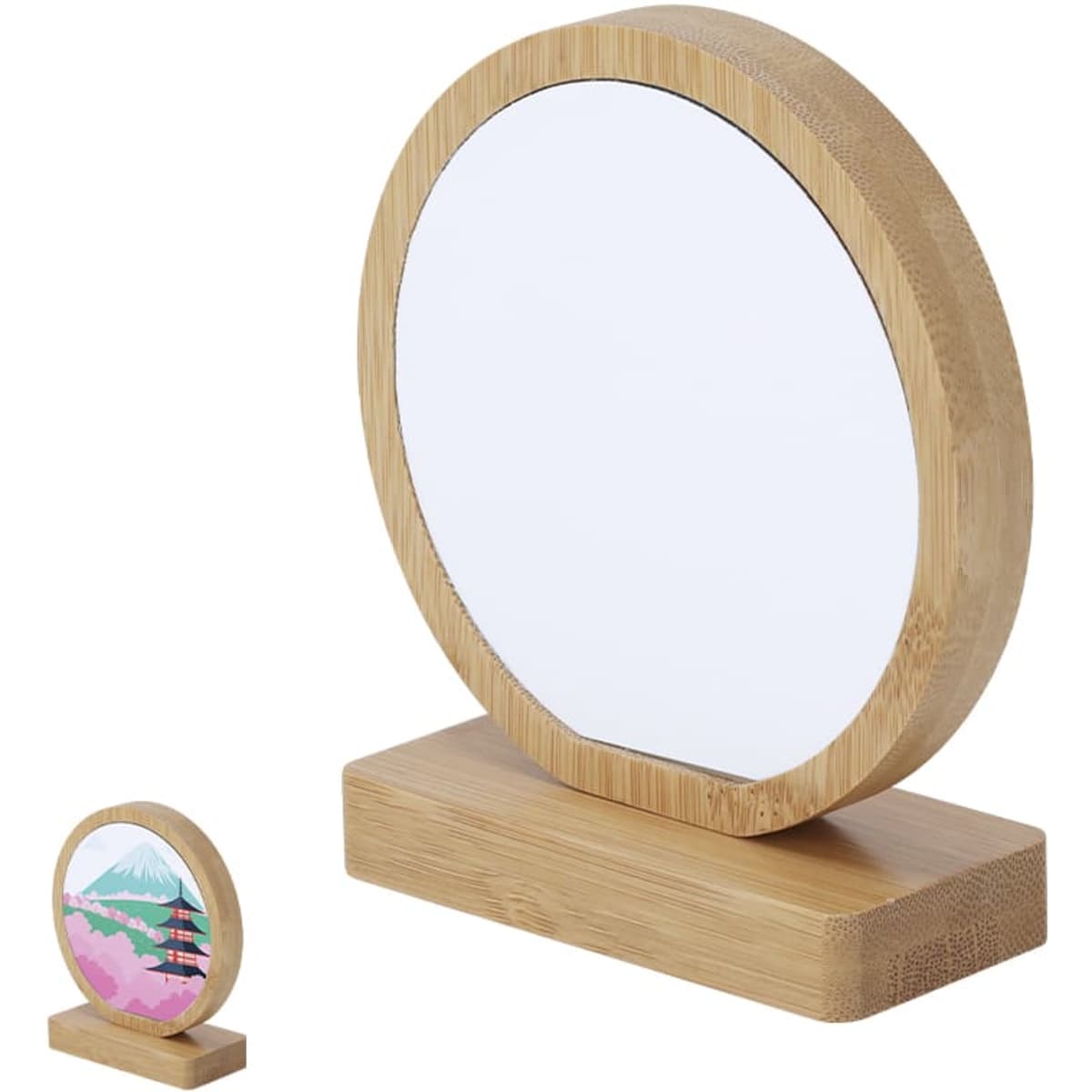 A round bamboo mirror with a smooth surface, resting on a sturdy wooden base.