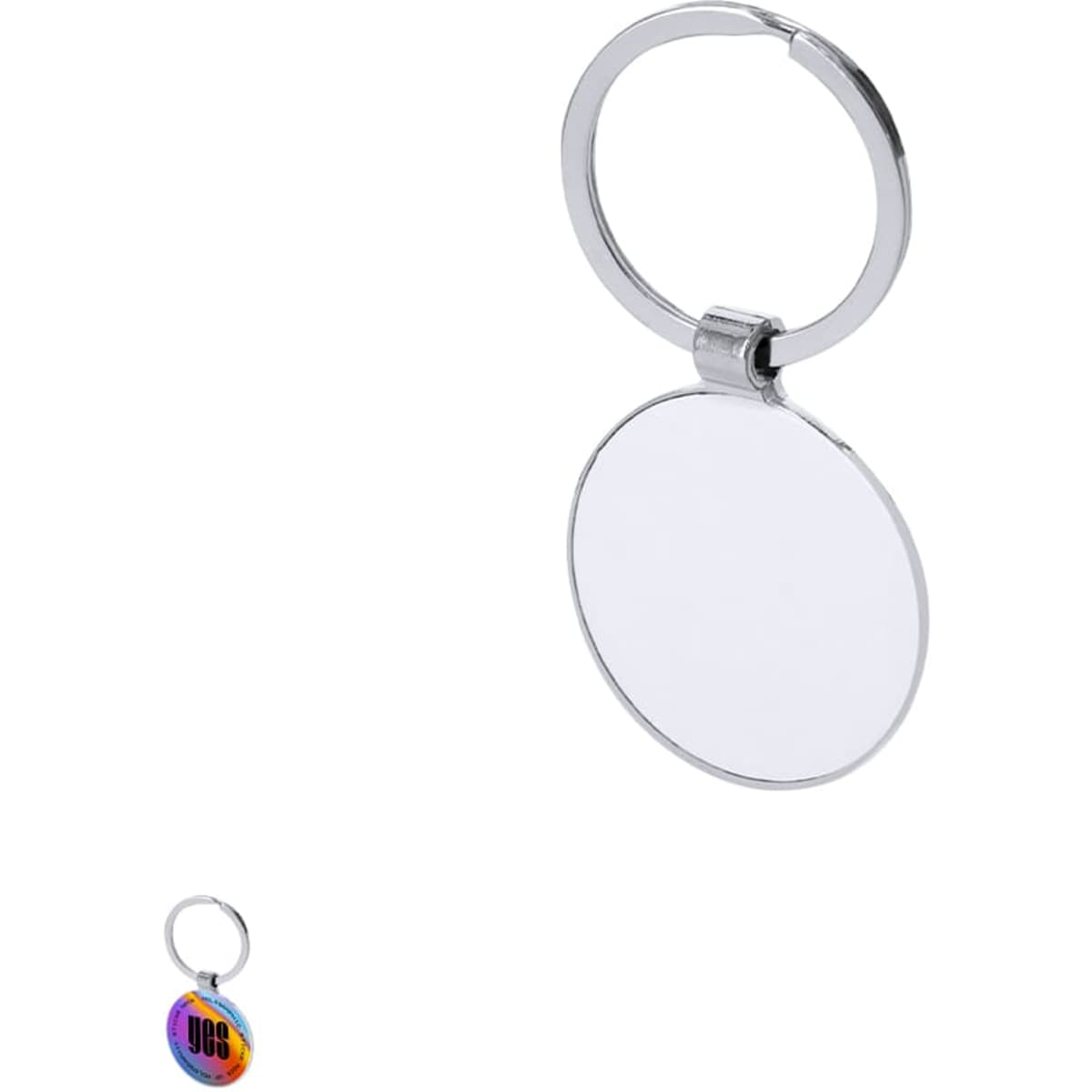A silver keyring with a clear circular tag and a small logo.