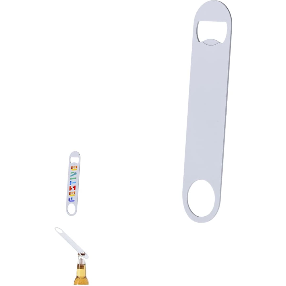 A drink bottle opener in a sleek silver design, featuring a circular hole and a standard opener section.