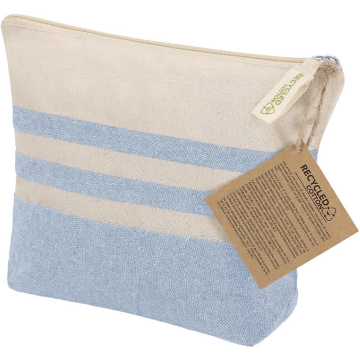 A toiletry bag in cream and light blue with a zip closure and a hang tag. Features a logo.