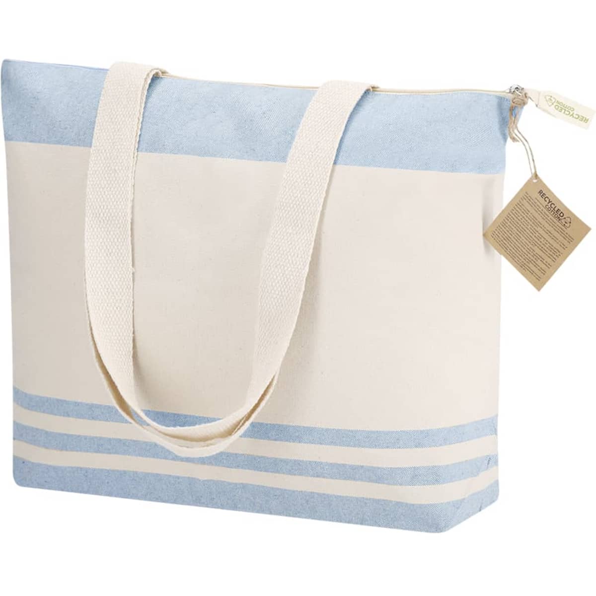 A tote bag in light blue and cream with striped accents, featuring a logo and shoulder straps.