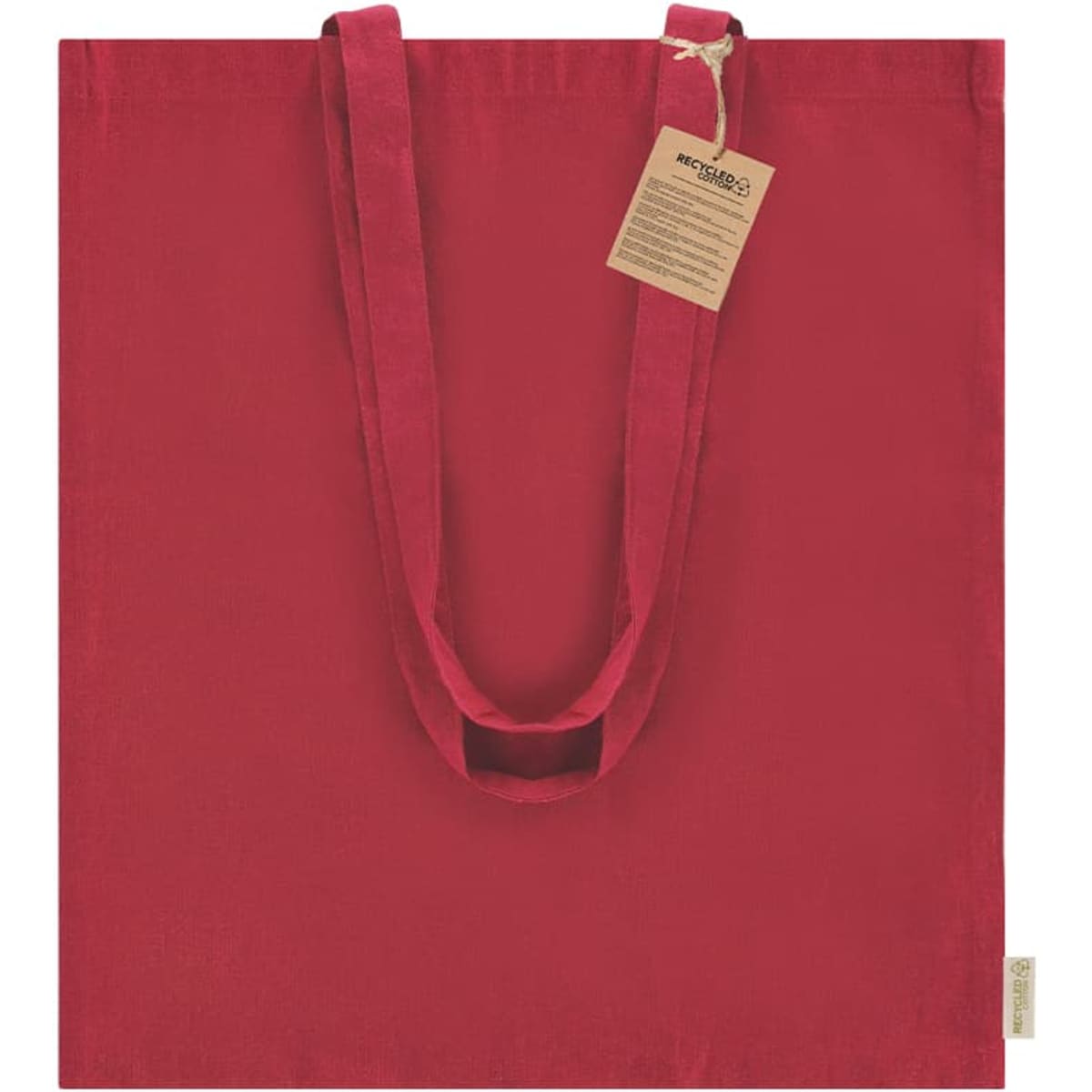 A red tote bag with long straps and a tag, featuring a simple design and a logo.