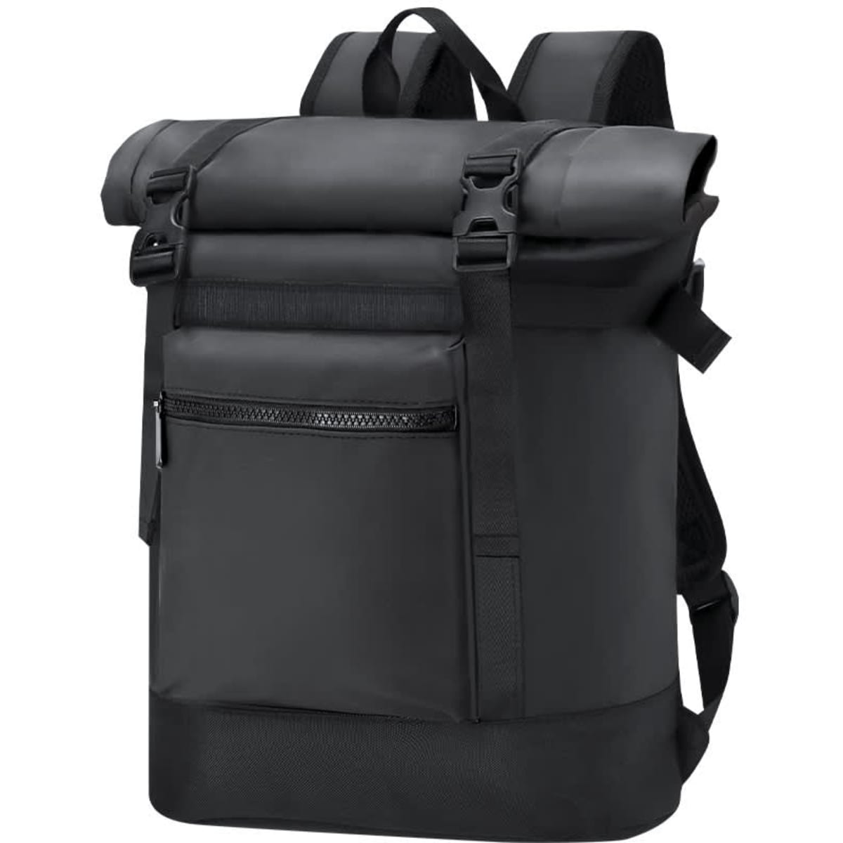 A black Farinor backpack with a roll-top closure, adjustable straps, and a front zippered pocket.