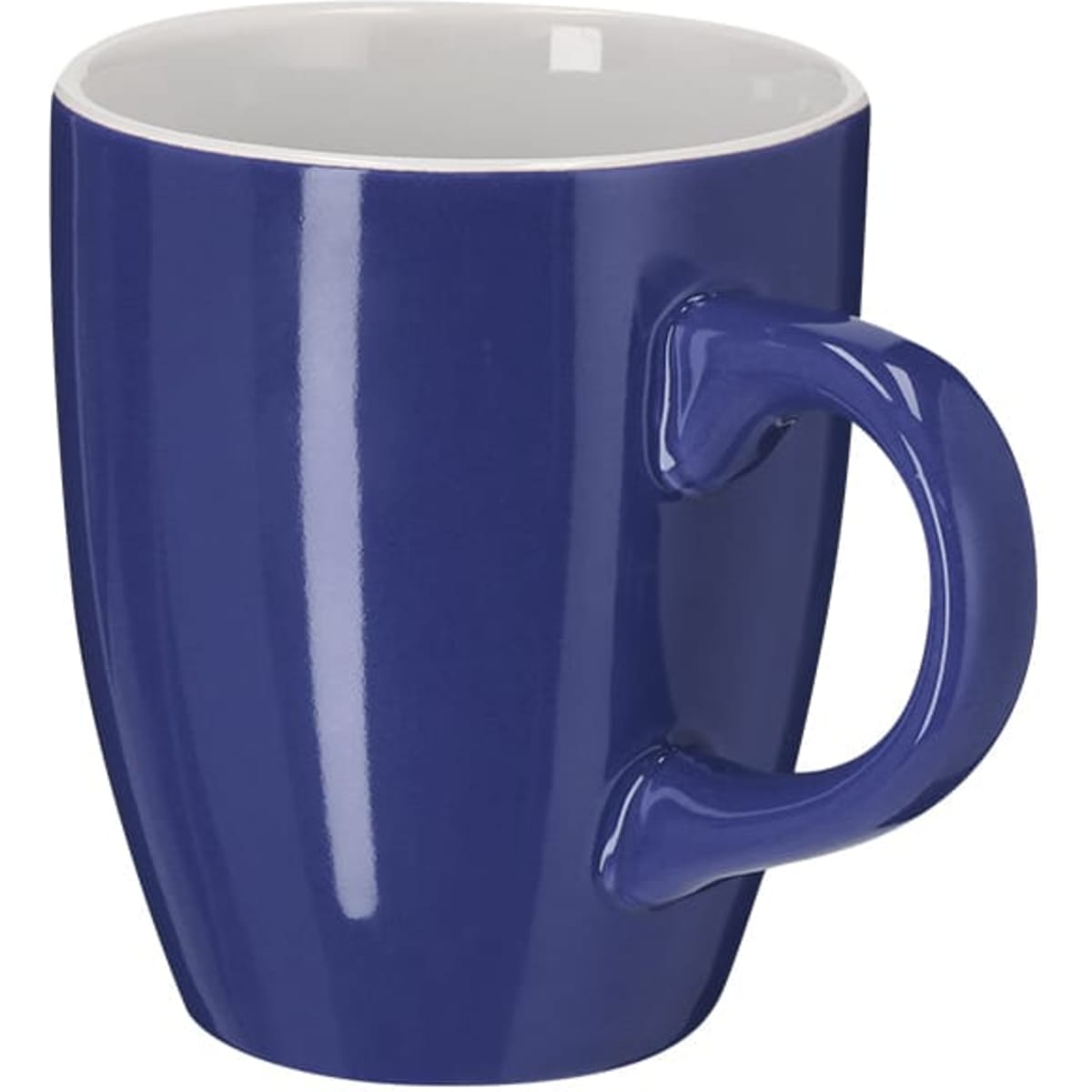 A blue ceramic mug with a distinct shape and an ergonomic handle. It has a glossy finish and a white interior.