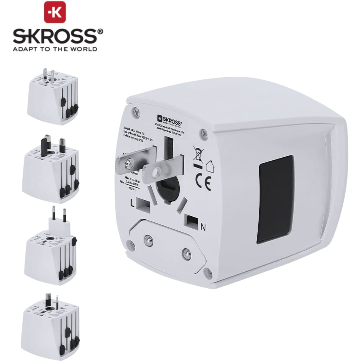 A white travel adapter with multiple plug options and a logo. The design is compact and features a universal socket.