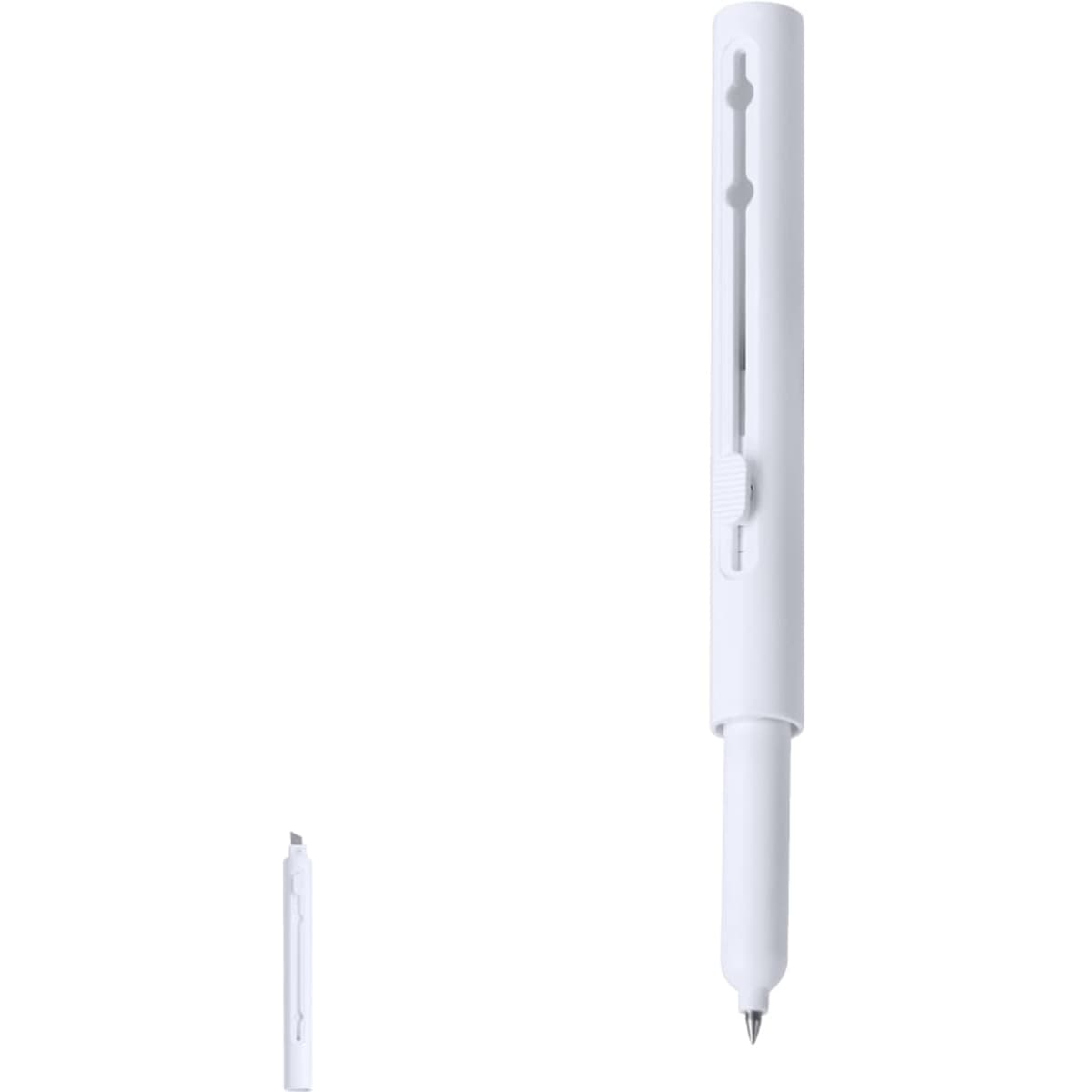 A white pen with a sleek design and a visible mechanism for extending the tip. It features a logo.