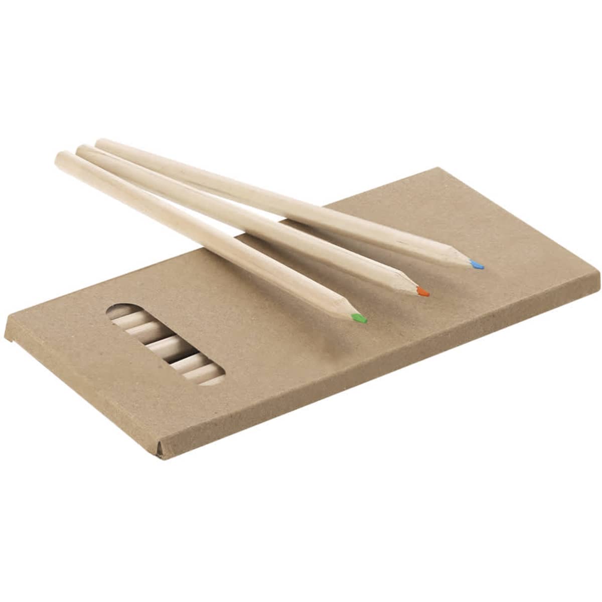 A set of three coloured pencils in green, orange, and blue on a brown cardboard sleeve. The packaging has a logo.