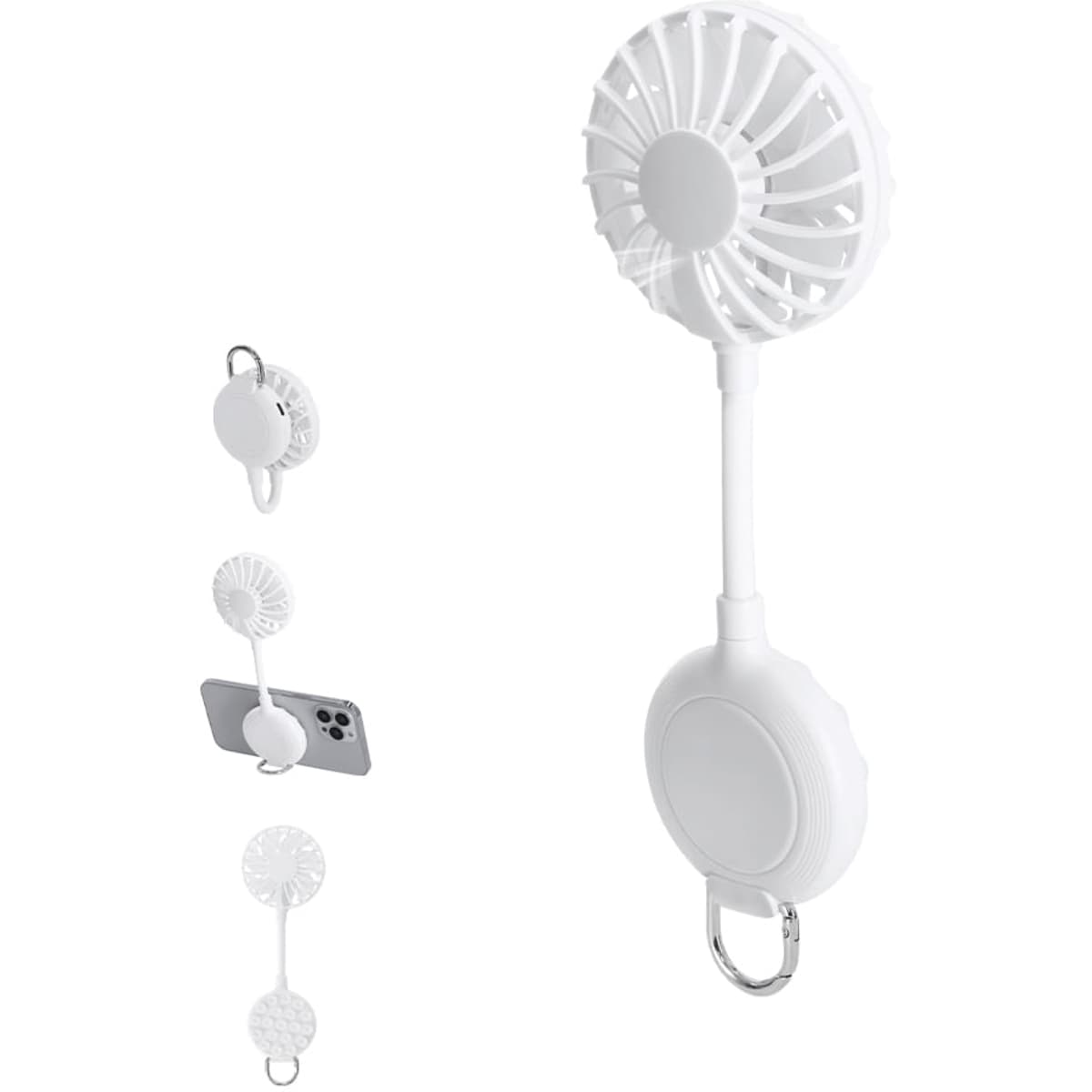 A white fan with a retractable design, featuring a clip attachment for convenience.