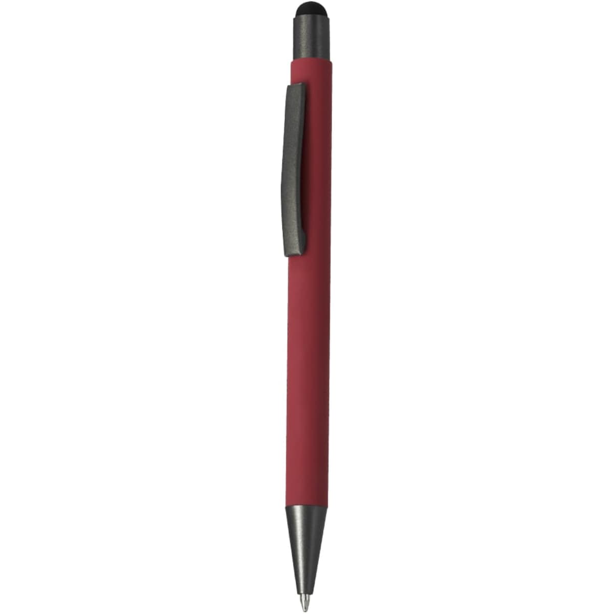 A red ballpoint pen with a stylus tip and a metal clip, featuring a logo on the body.