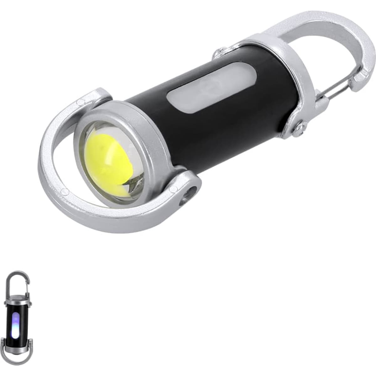 A black and silver Luvaron Torch keyring with a bright yellow light and a carabiner clip for attachment.