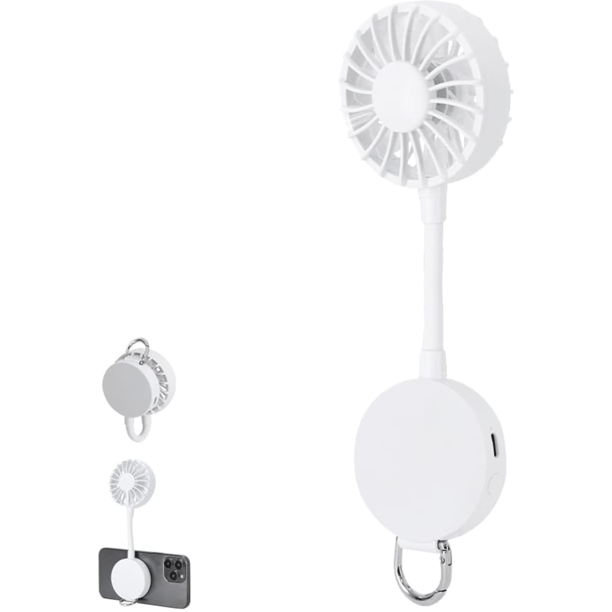 A portable white fan with a retractable cord and a carabiner attachment, designed for mobile use.