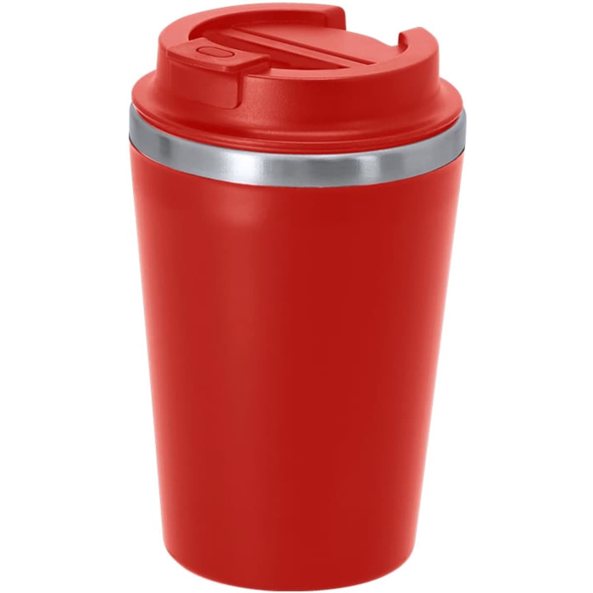 A travel mug in bright red with a silver band and a secure lid, featuring a logo on the surface.