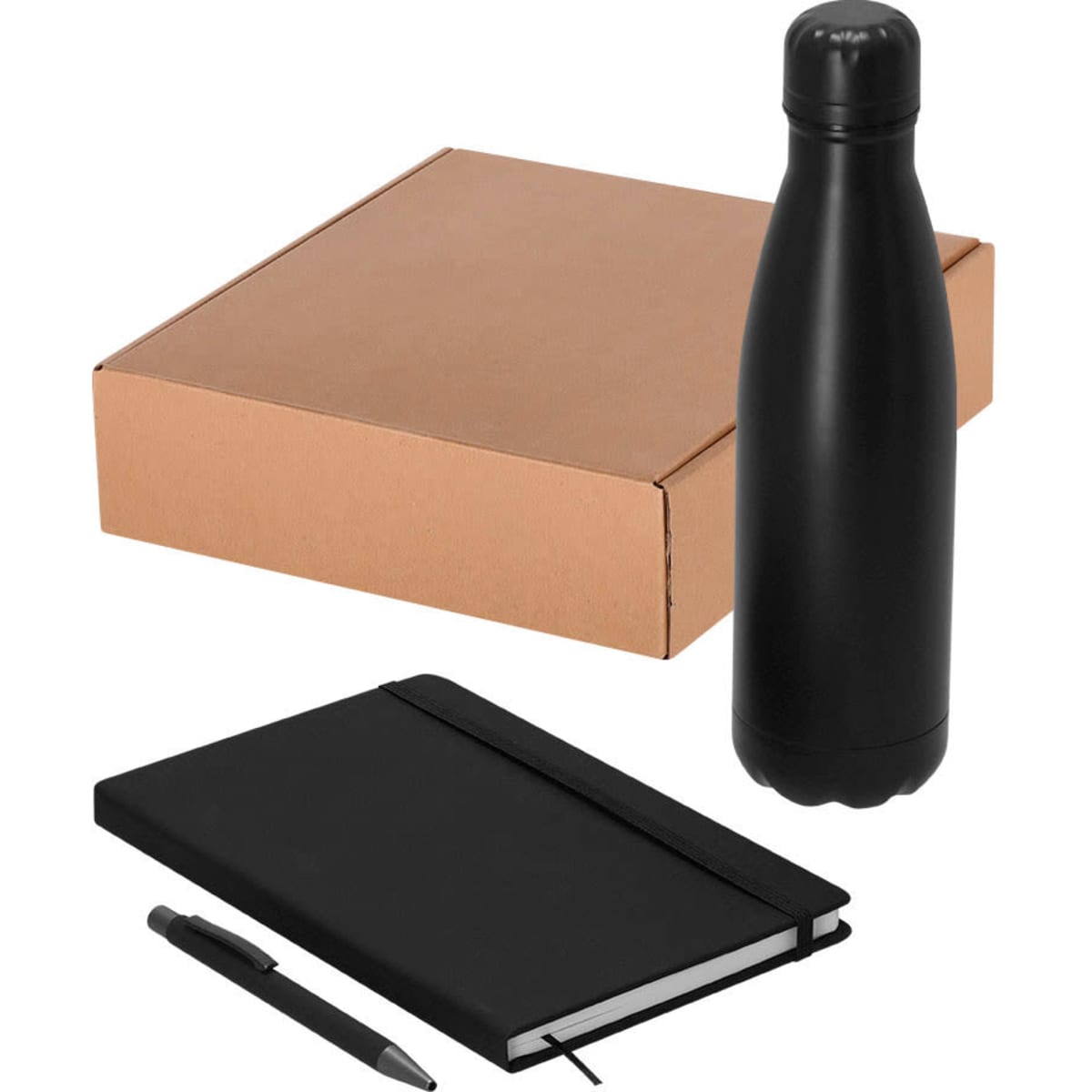 A drink bottle, a black notebook, and a pen presented in a brown cardboard gift box.