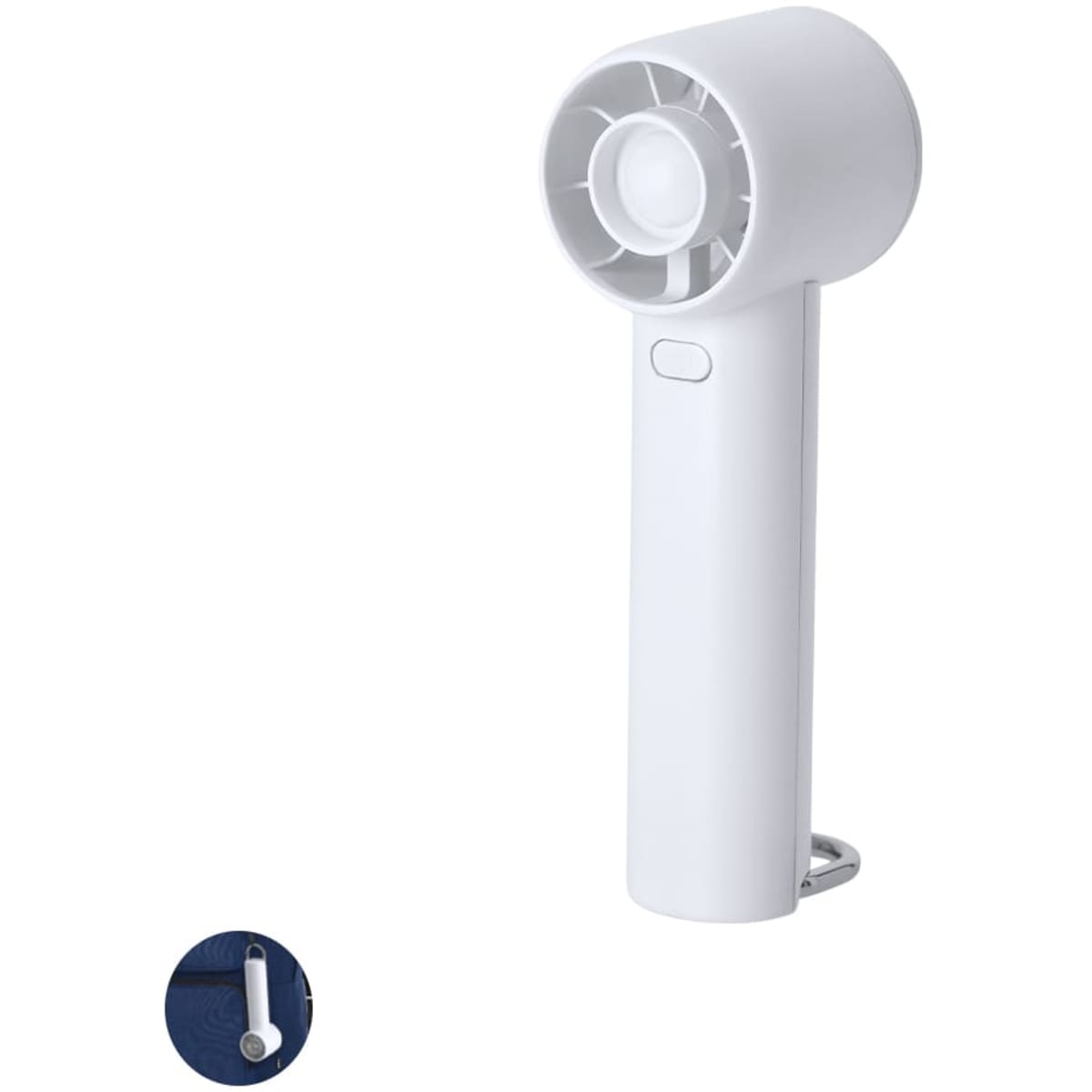 A portable white fan with a cylindrical head and a built-in stand. It includes a branding logo on the base.