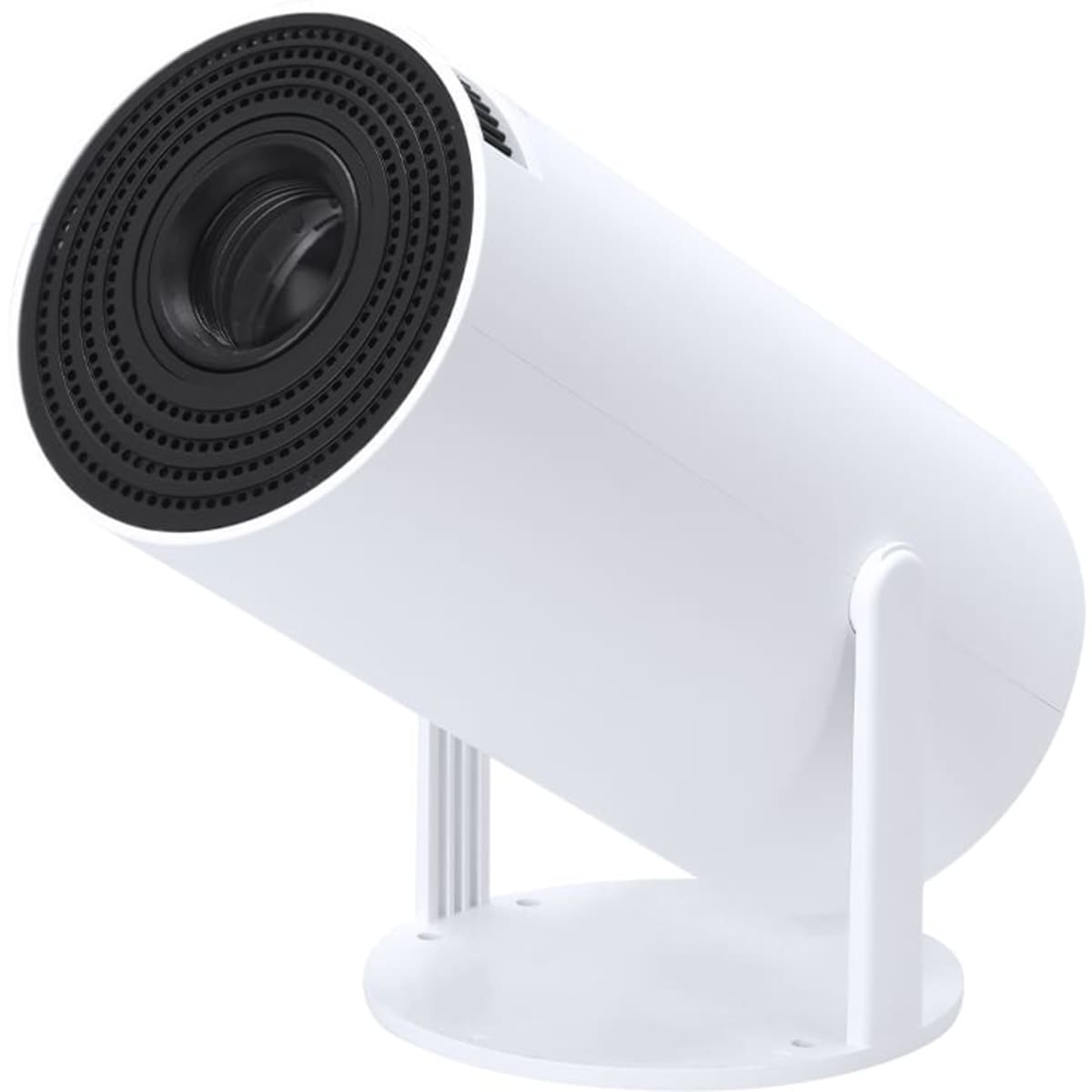 A white cylindrical speaker mounted on a stand, featuring a black grille at the front and a sleek design.