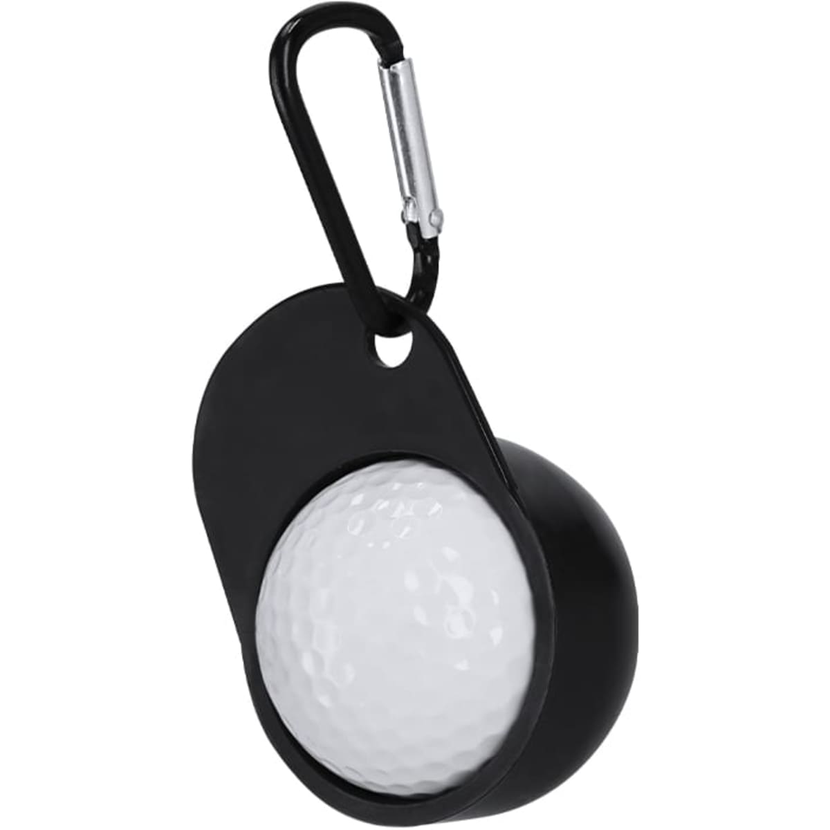 A black keyring featuring a white golf ball, equipped with a silver carabiner clip.