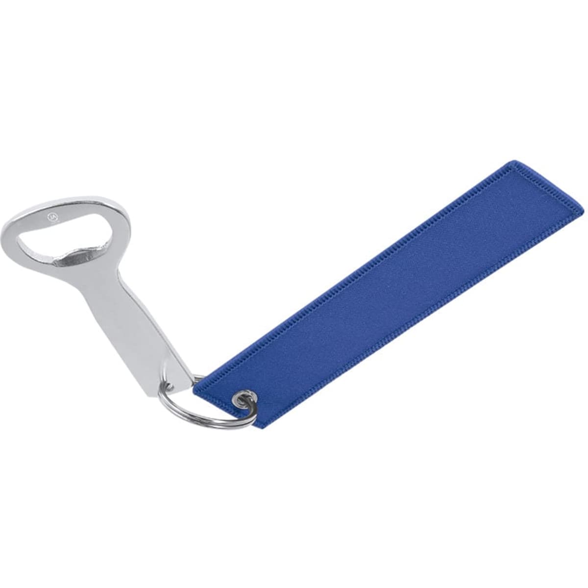 A drink bottle opener keyring featuring a silver metal opener and a blue leather strap. Includes a circular keyring attachment.