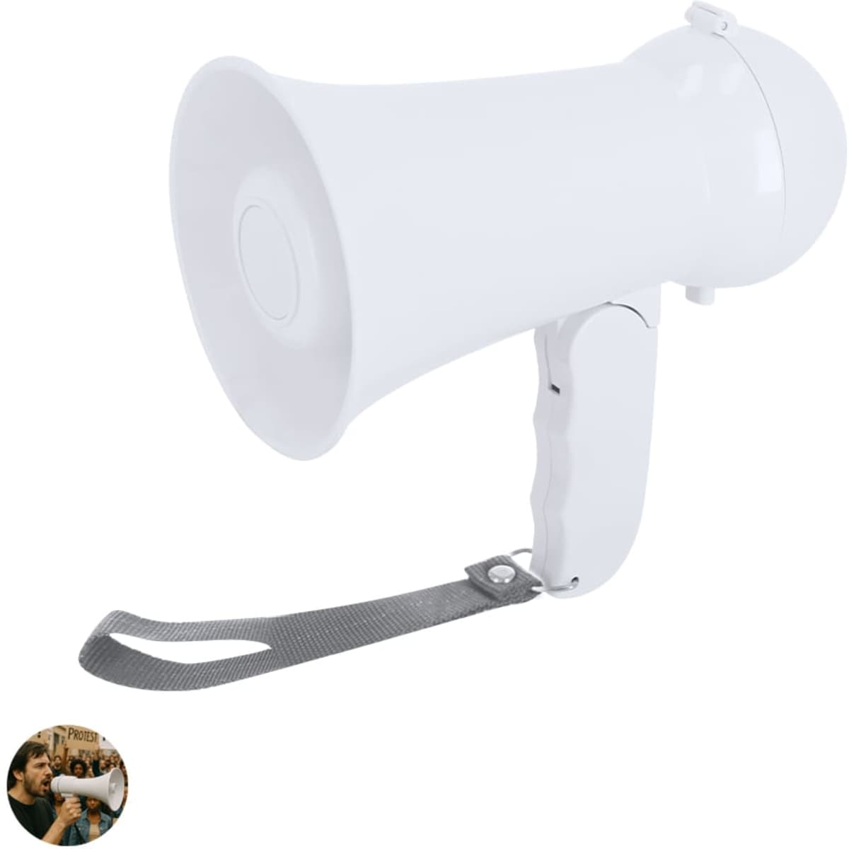 A white megaphone with a handle and a strap, designed for amplifying sound.