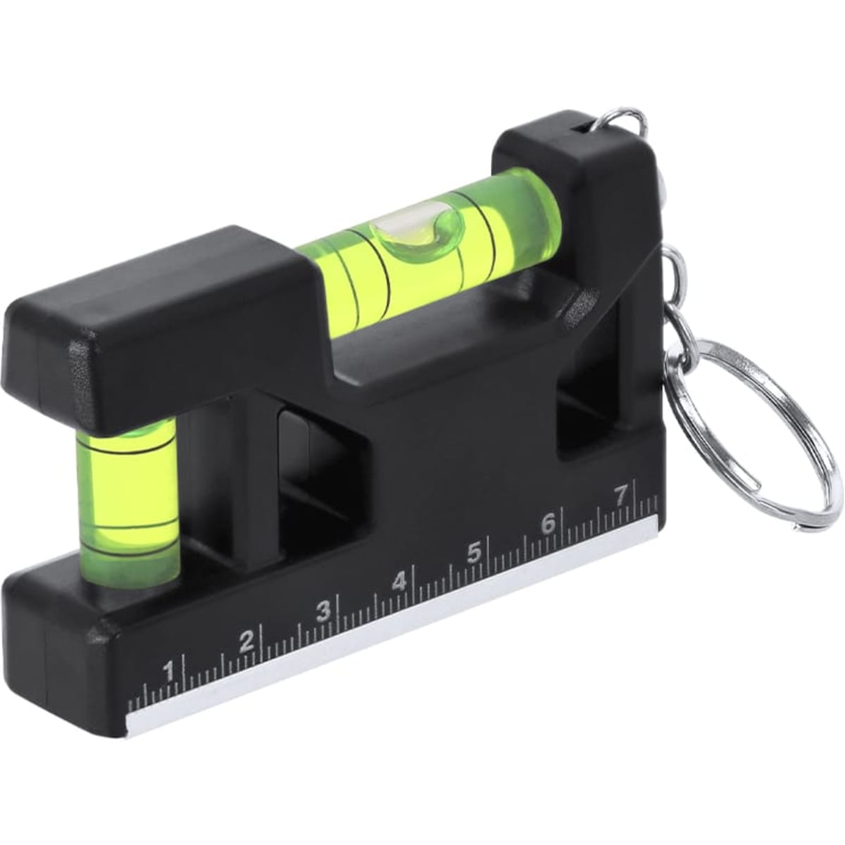 A black keyring level tool featuring a green bubble vial and a measurement scale on the side.