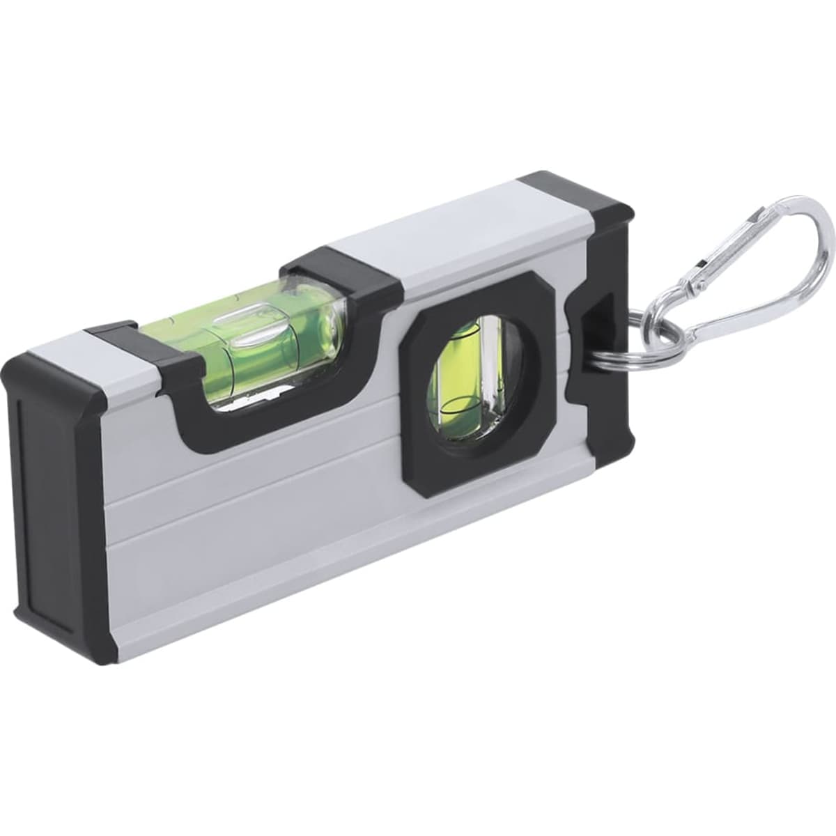 A compact, silver and black level tool with a carabiner clip and two spirit levels.