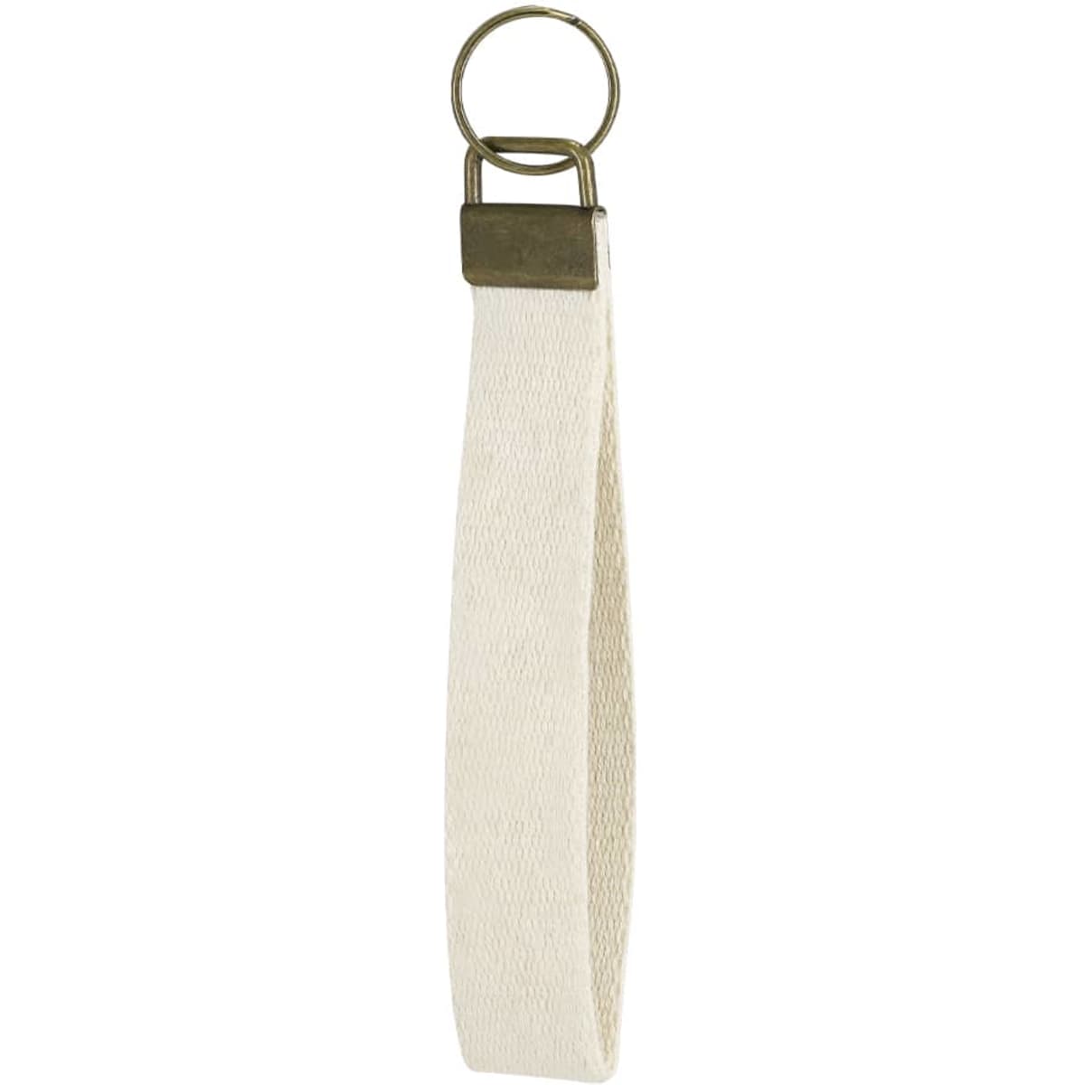 A cream-coloured keyring with a metal loop and strap for holding keys or small tools.