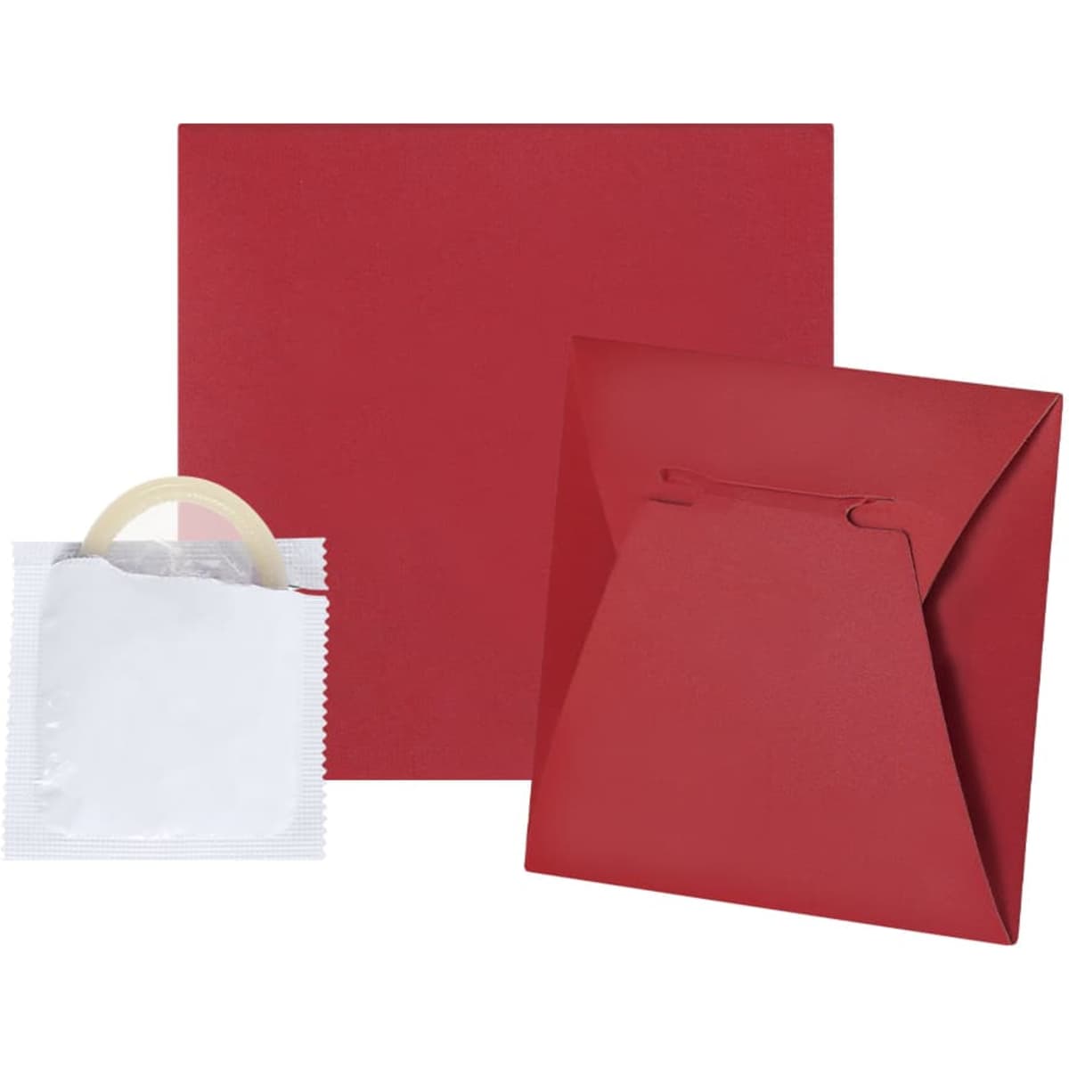 A set of red envelopes and a small pouch, all in varying shades of red. The pouch is packaged separately.
