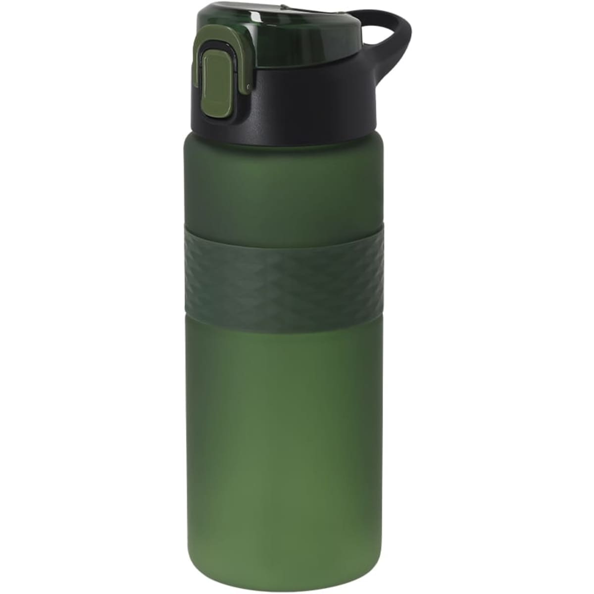 A drink bottle in a dark green shade with a textured band and a black lid featuring a flip-top spout.