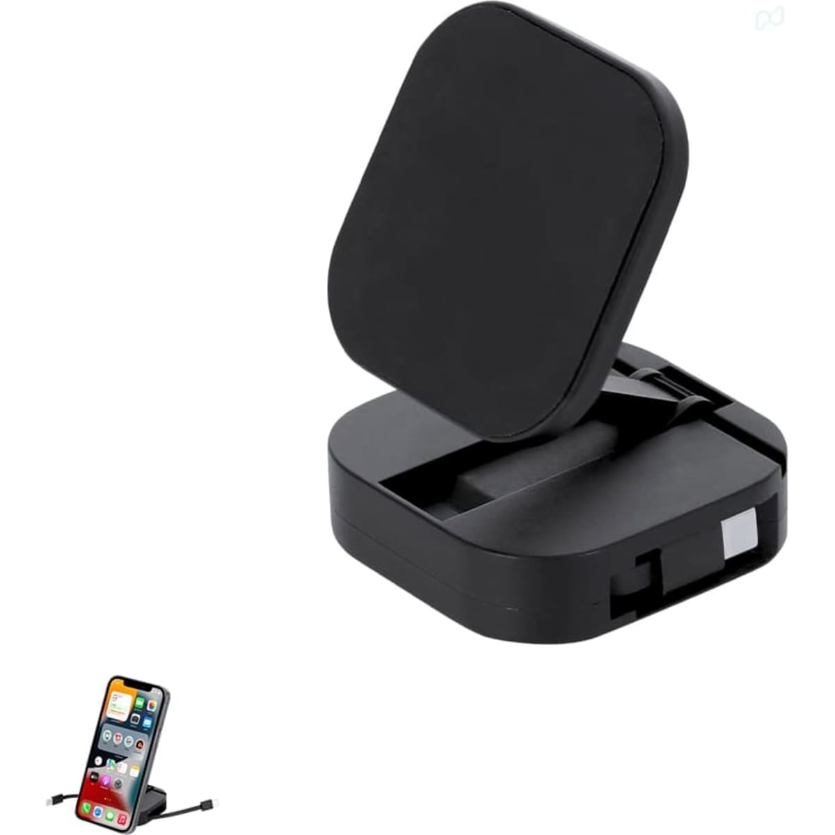 A black charging cable with a compact, foldable design, featuring a logo on the surface.