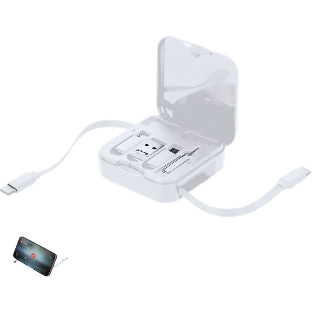 A charging cable set in a transparent case, featuring USB and micro USB connectors, in white.