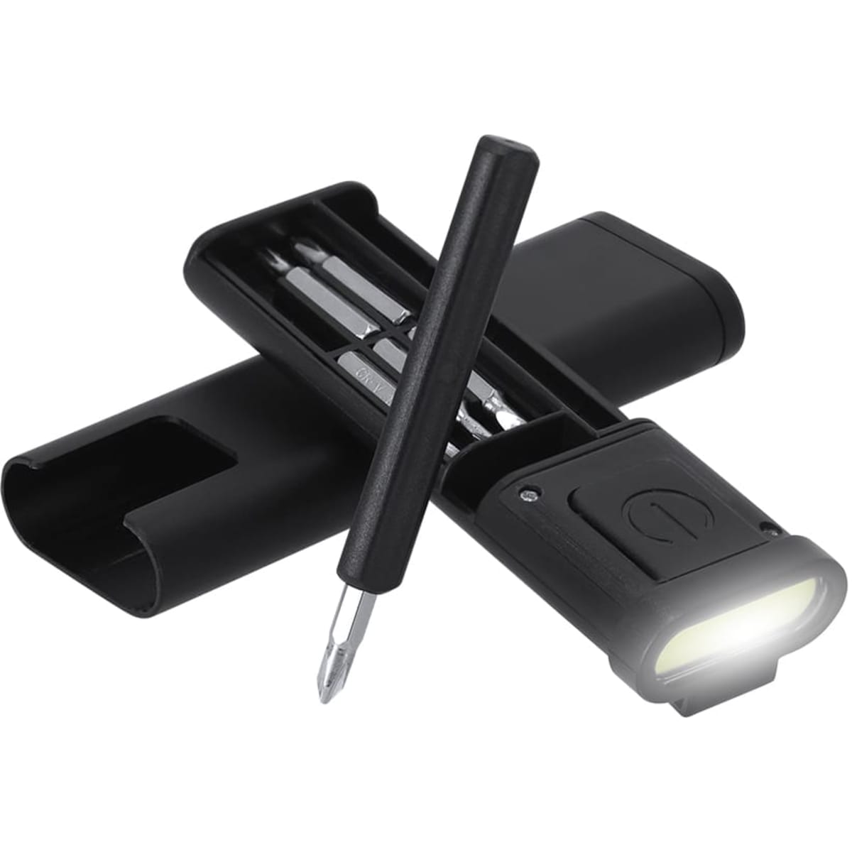 A black multi-tool kit featuring a flashlight, screwdriver, and tools in a compact case with a logo.