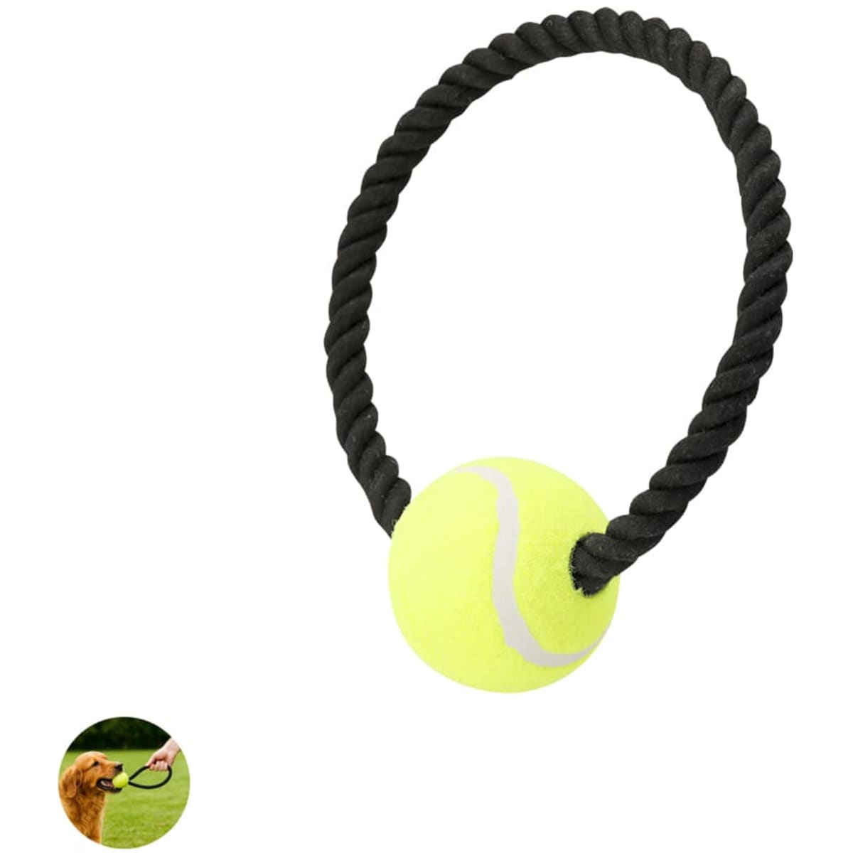 A yellow tennis ball attached to a black rope, designed for pet play. Features a logo on the rope.