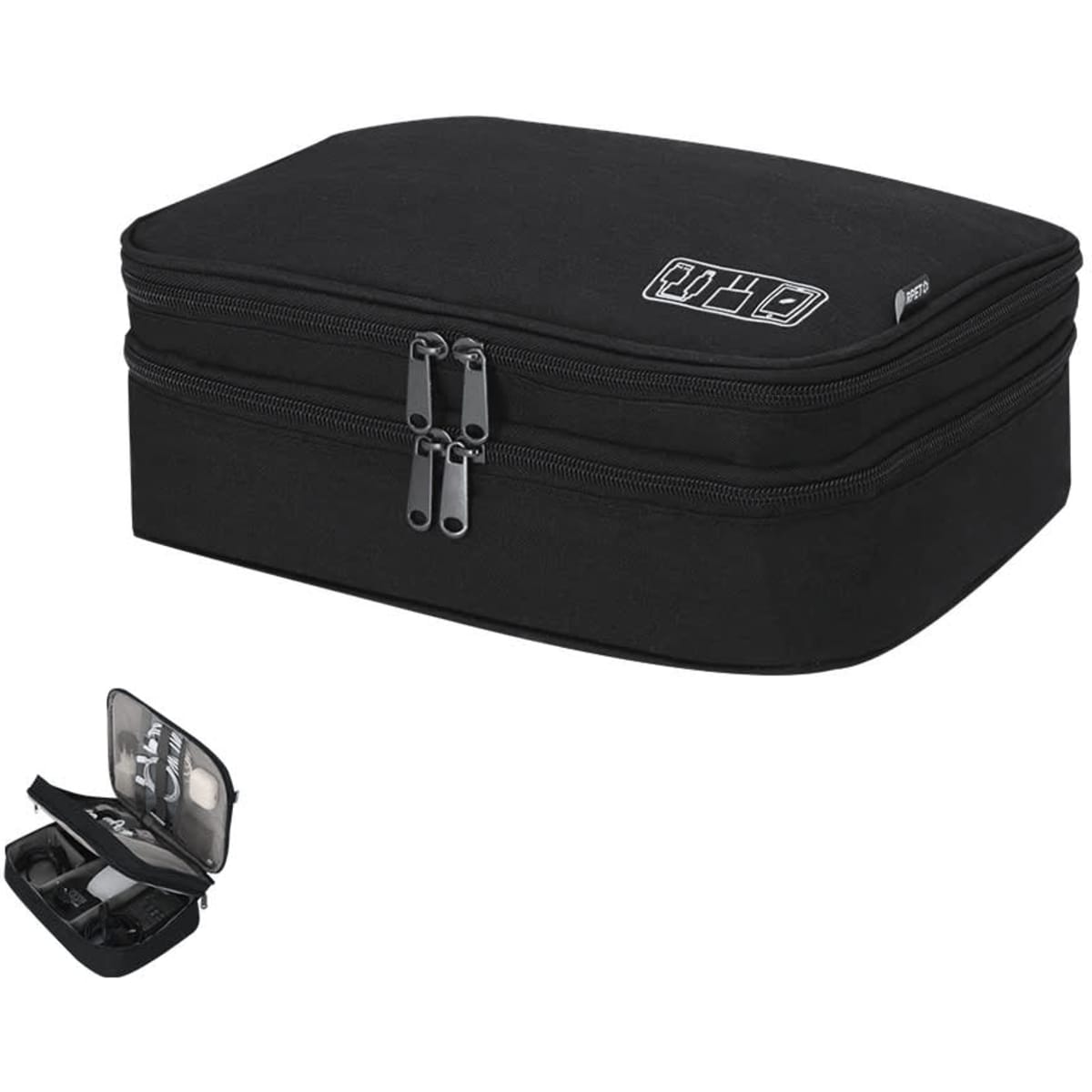 A black zippered travel bag with two compartments, featuring a logo and a smaller case beside it.