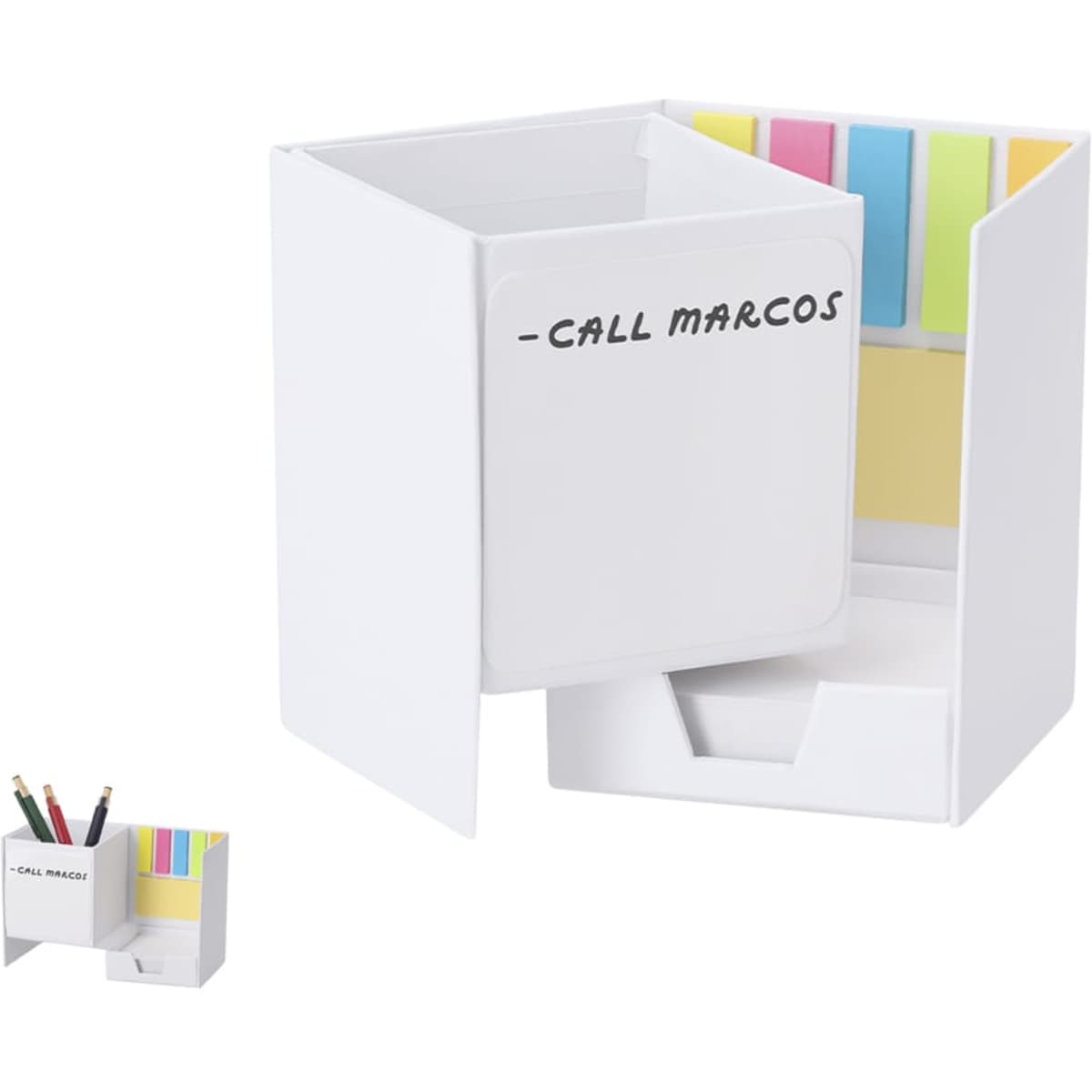A white desk organiser with sticky notes and a compartment for pens. It features a branding logo.