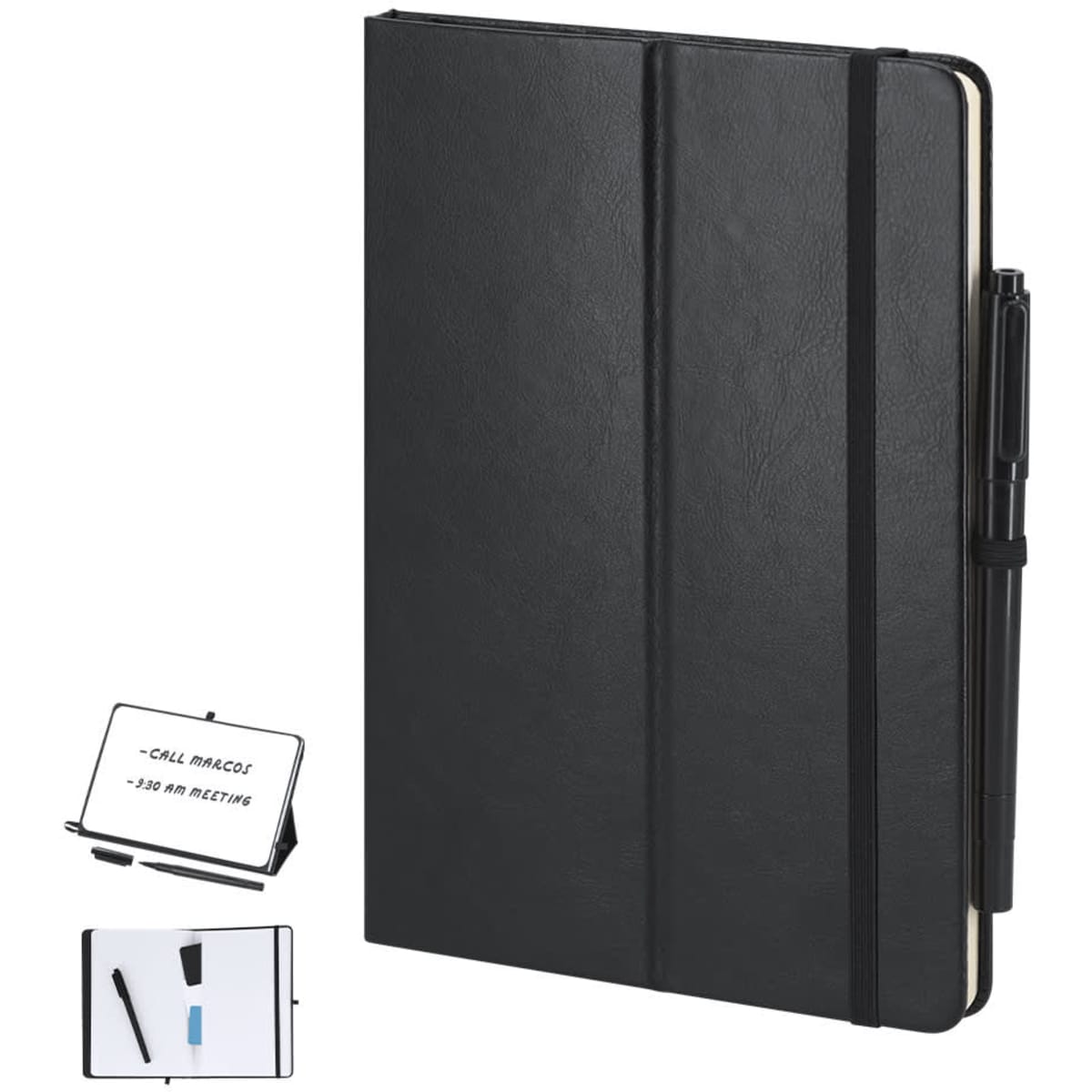 A black notebook with a flexible cover, an elastic band, and a pen. Includes a stand for easy display.
