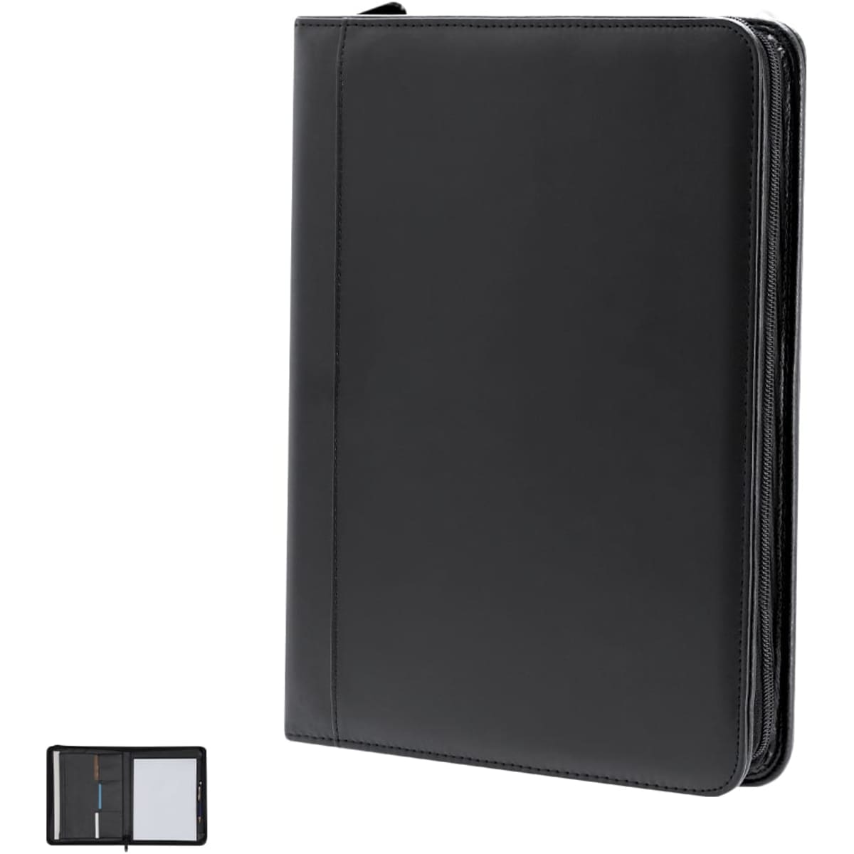 A black portfolio folder with a zip closure, featuring organisational pockets and a sleek design.