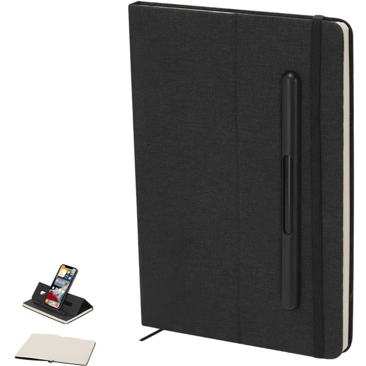 A black notebook with an elastic strap and a pen holder, accompanied by a smartphone stand.