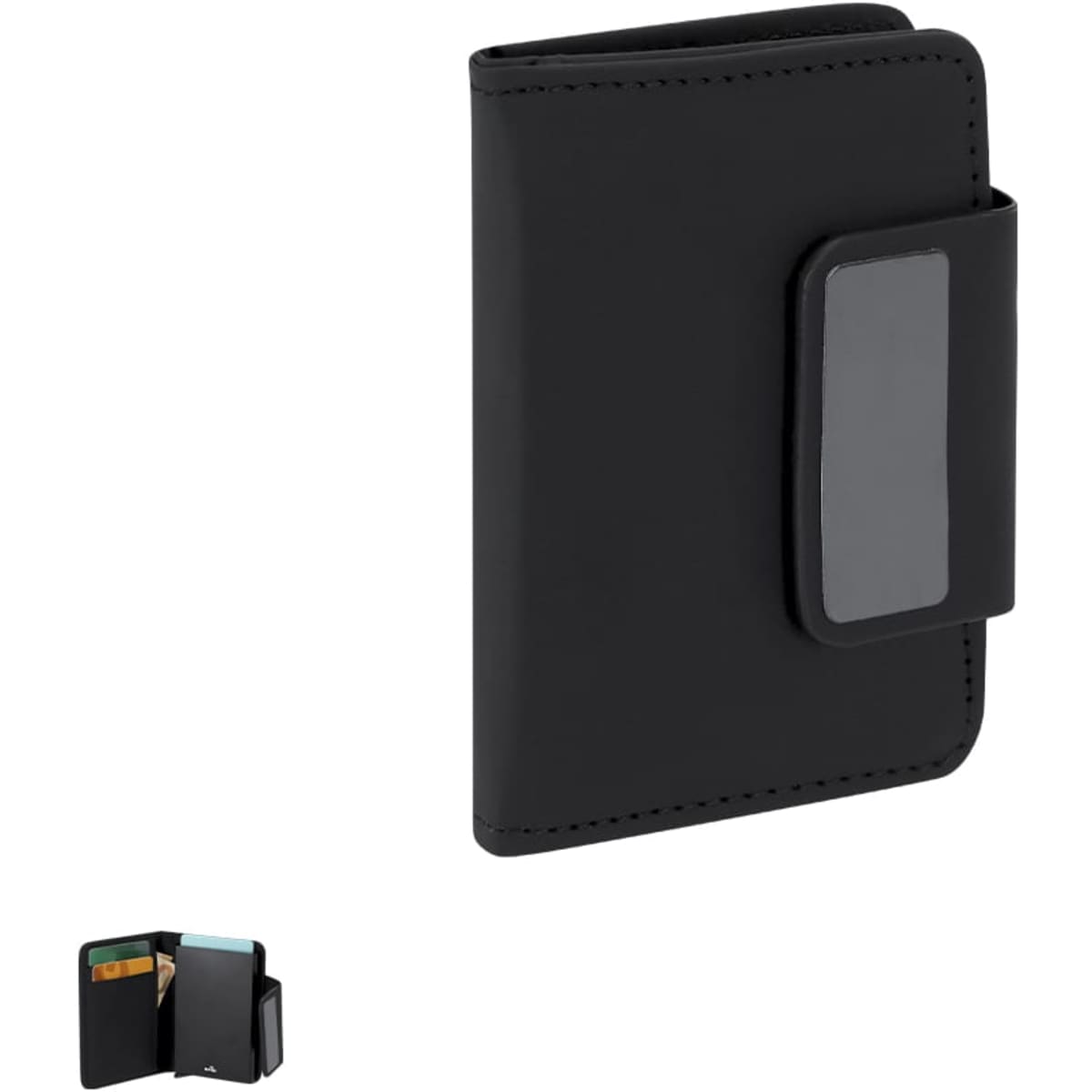 A black business card holder featuring a secure closure and multiple card slots inside. It has a sleek design.