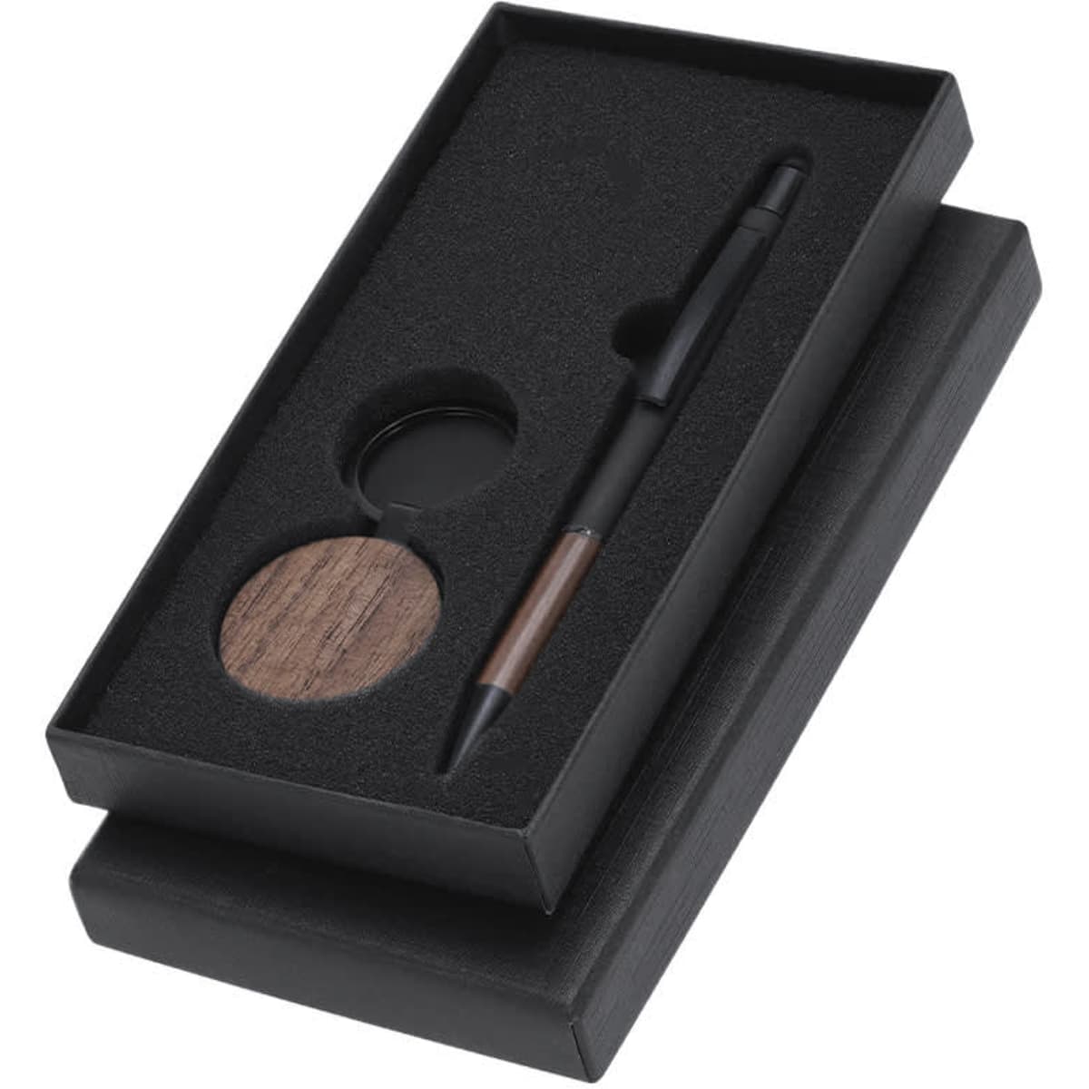 A gift set featuring a black metal pen and a wooden coaster, presented in a sleek black box.