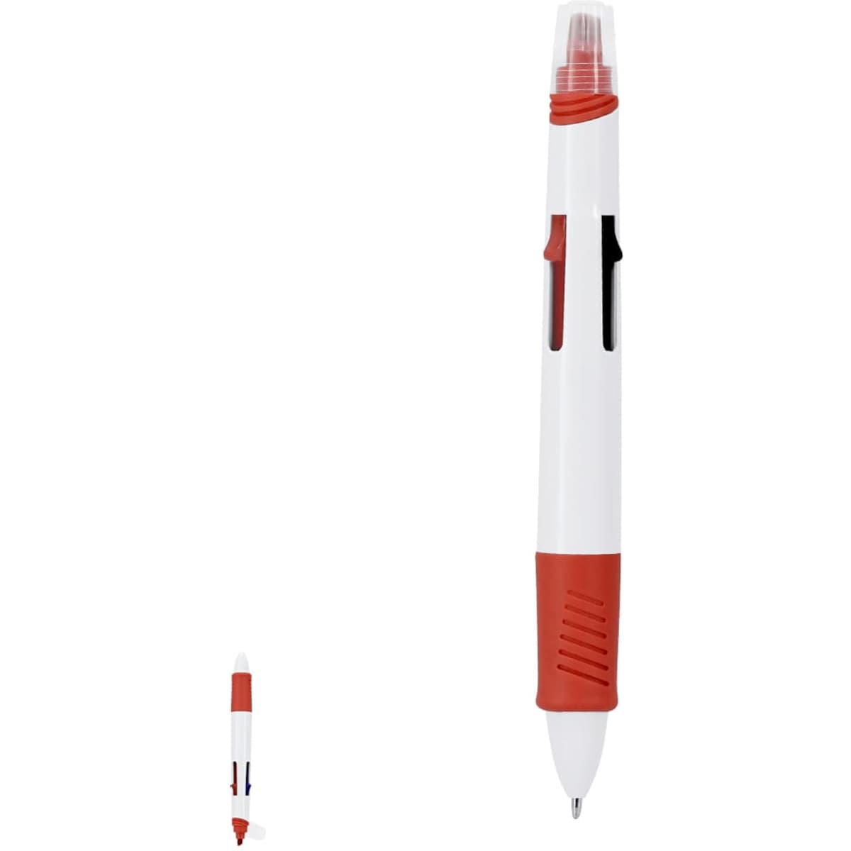 A white pen with red accents, featuring a transparent top and grip for comfortable writing. It has a logo.