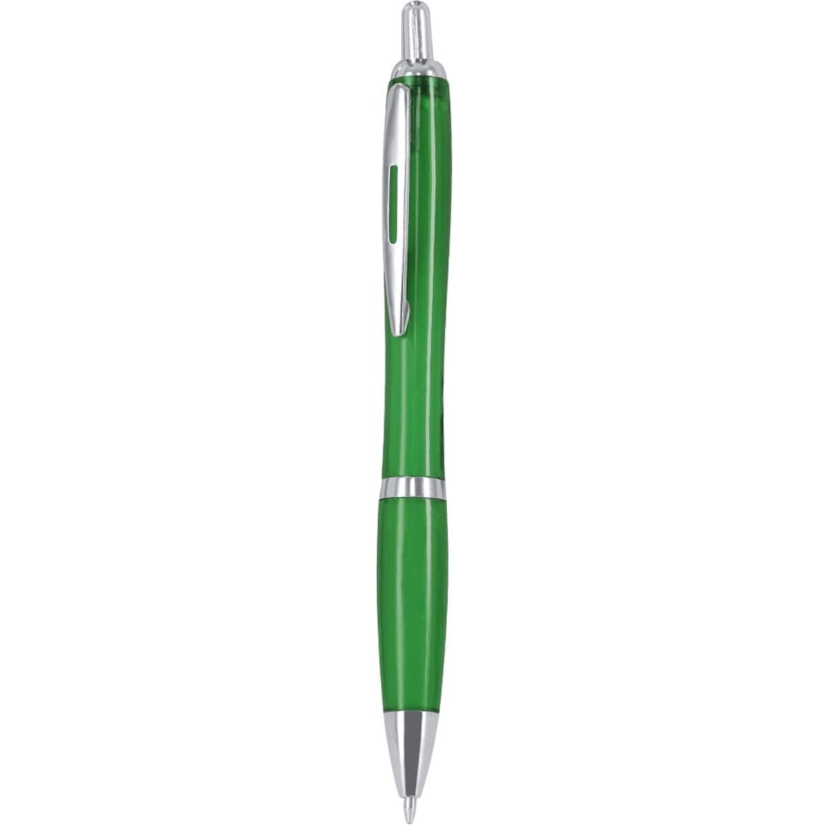 A green plastic pen with a silver clip and tip, featuring a sleek design and a branding logo.