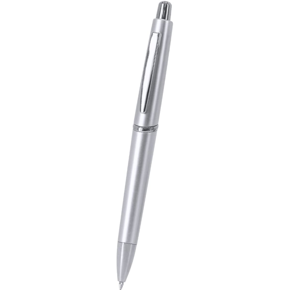 A silver plastic pen with a chrome clip and shiny details, featuring a simple design and a branding logo.