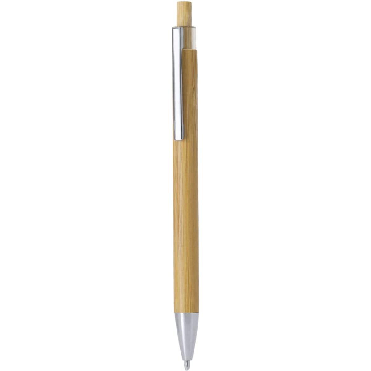 A wooden pen with a bamboo body and silver accents, featuring a simple design and a clip.