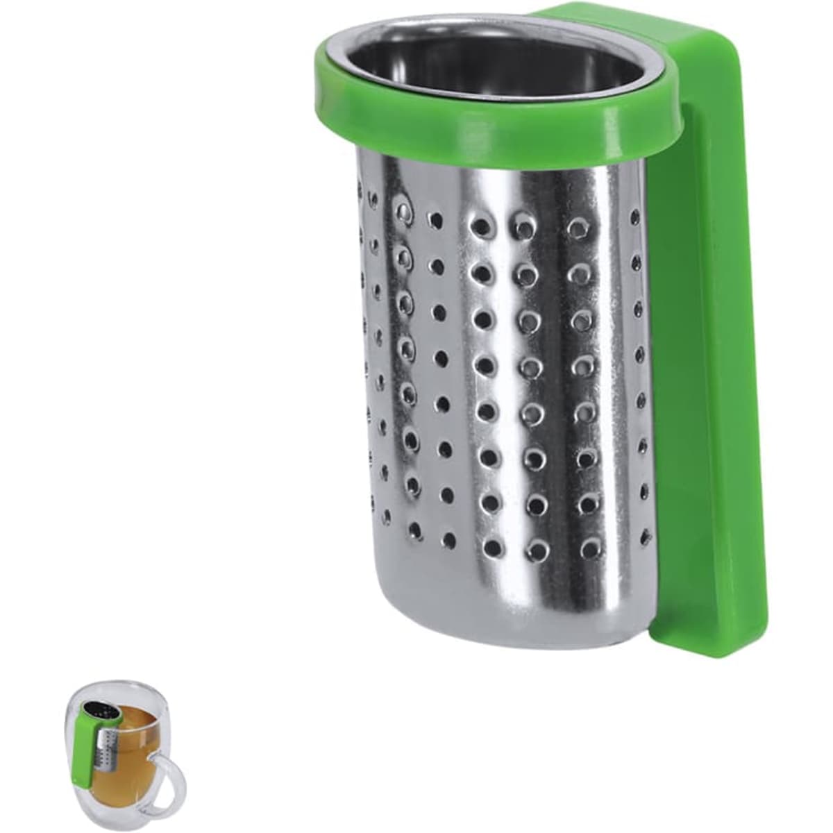 A stainless steel tea infuser with a green silicone holder for easy hanging. Ideal for brewing loose leaf tea.